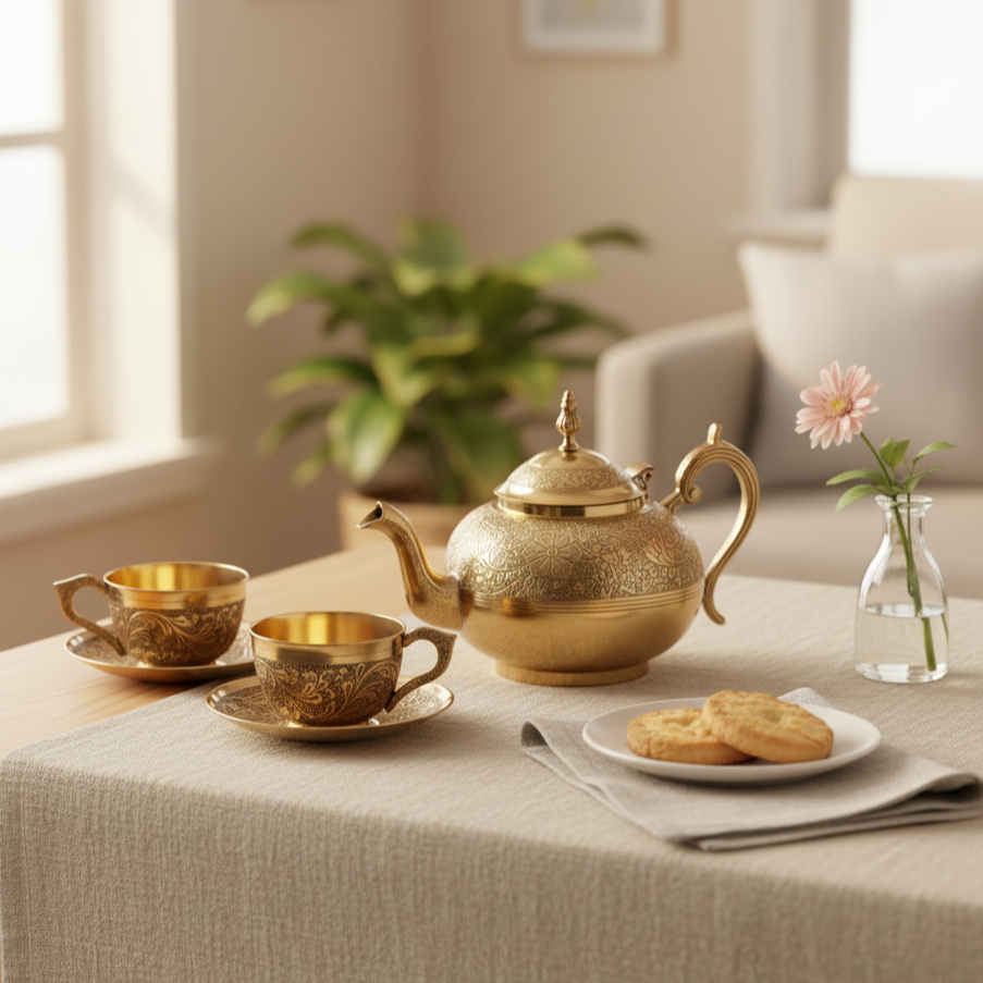 Brass Teapot Set with Cups and Saucer – Table Decor Item