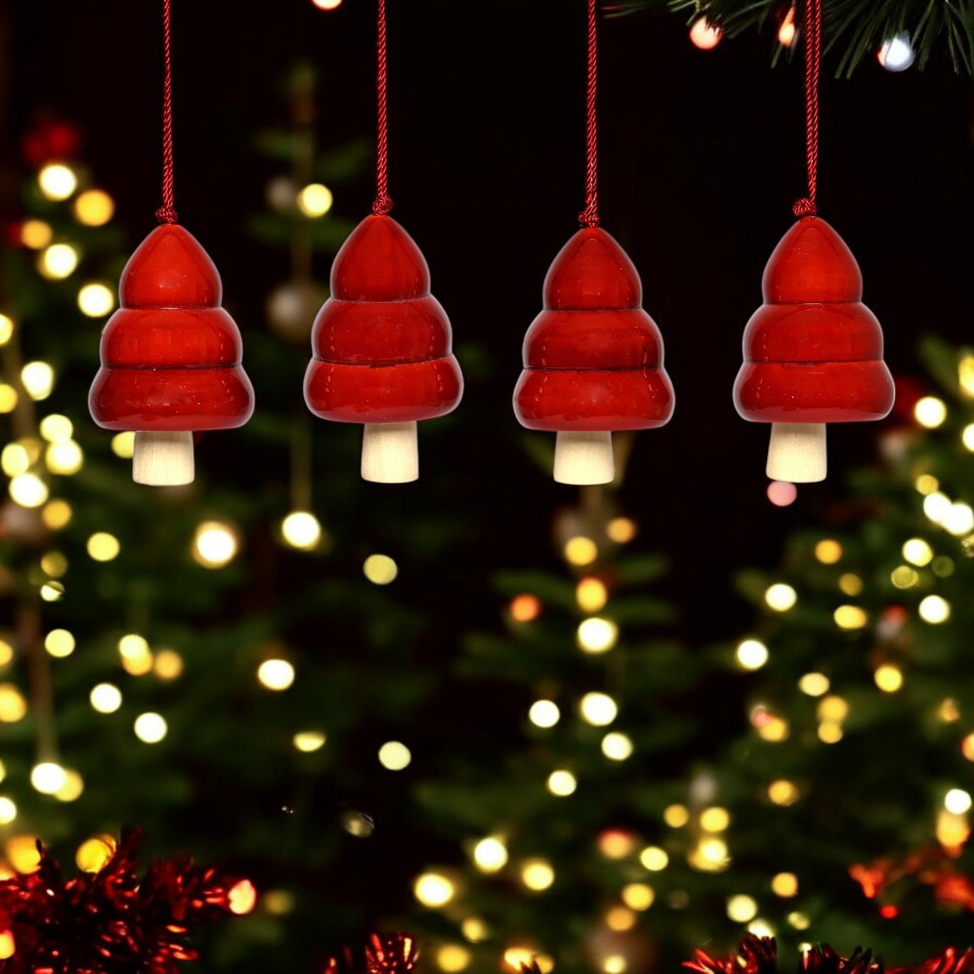 Christmas Décor Handcrafted Eco-friendly Red Wooden Tree Bell Hangings