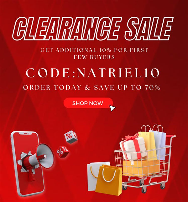 Clearance sale advertisement with shopping cart, phone, and gift bags on a red background
