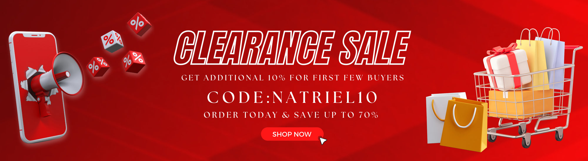 Clearance sale banner with shopping cart, phone, and gift bags on a red background