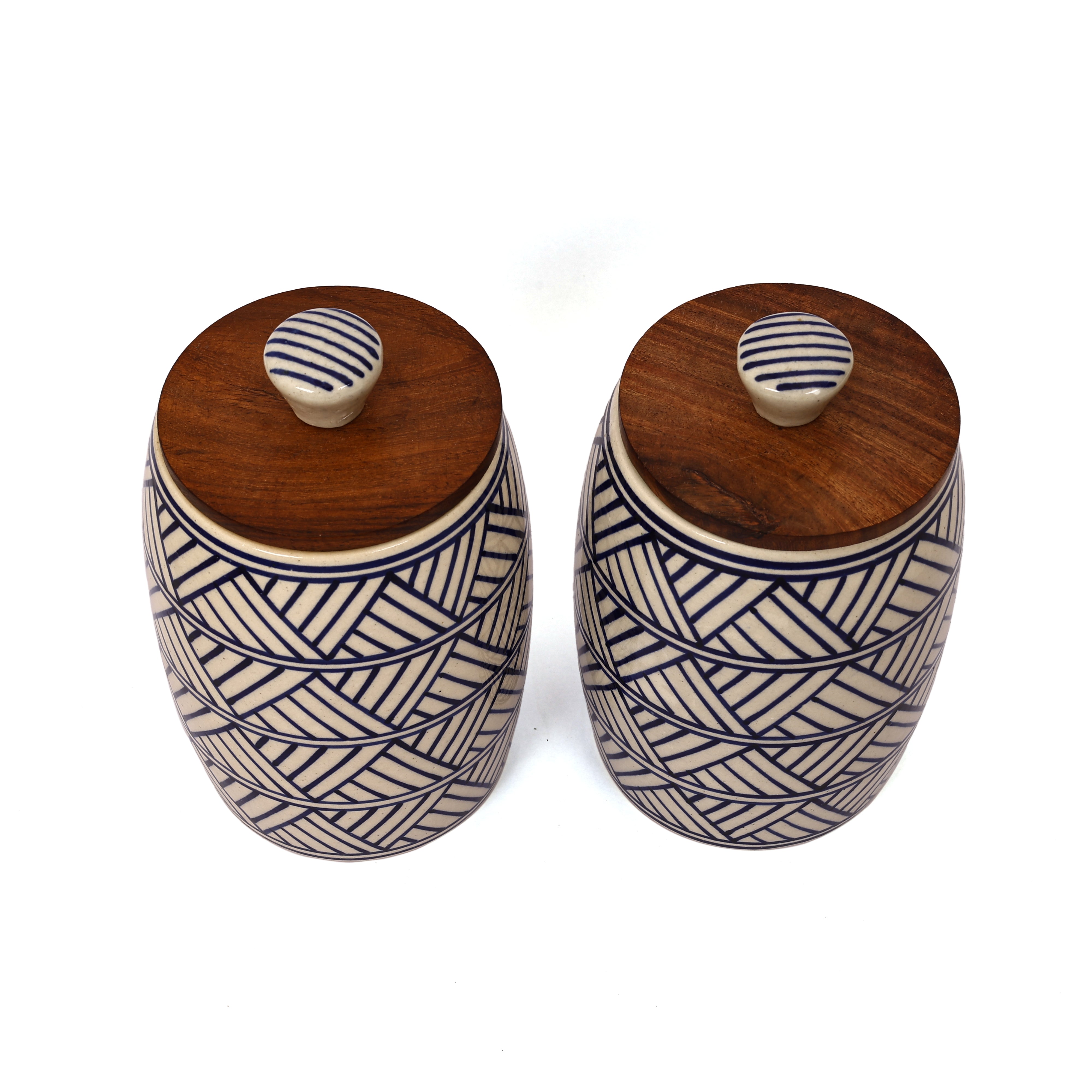 Cylindrical strike pattern Jar set with wooden lid  (Set of 2)
