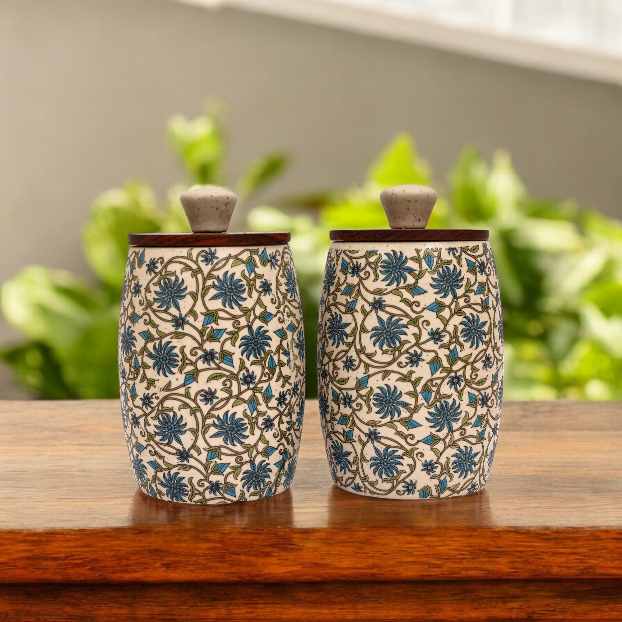 Decal Ceramic air-tight jar set with blue flower pattern (Set of 2)