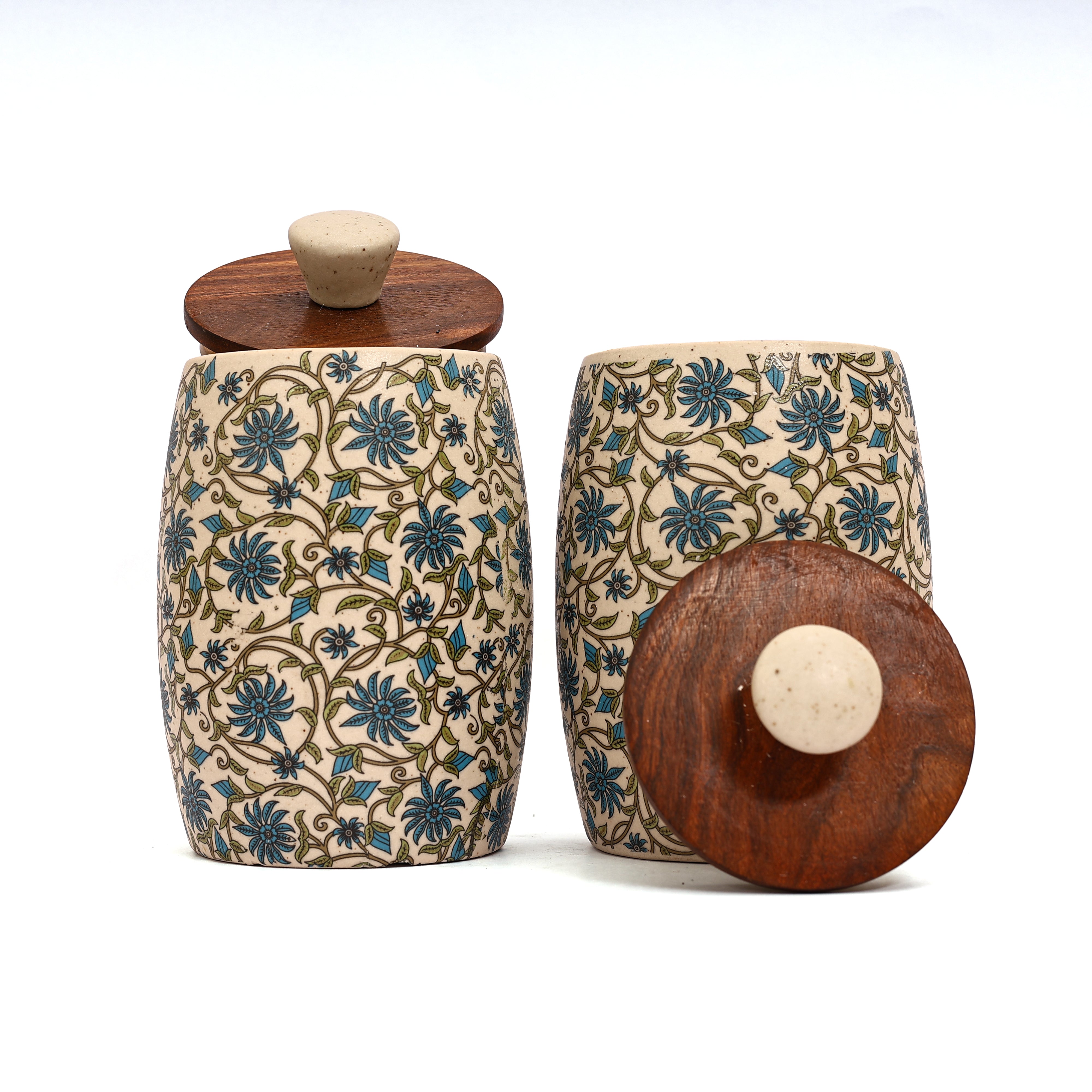 Decal Ceramic air-tight jar set with blue flower pattern (Set of 2)