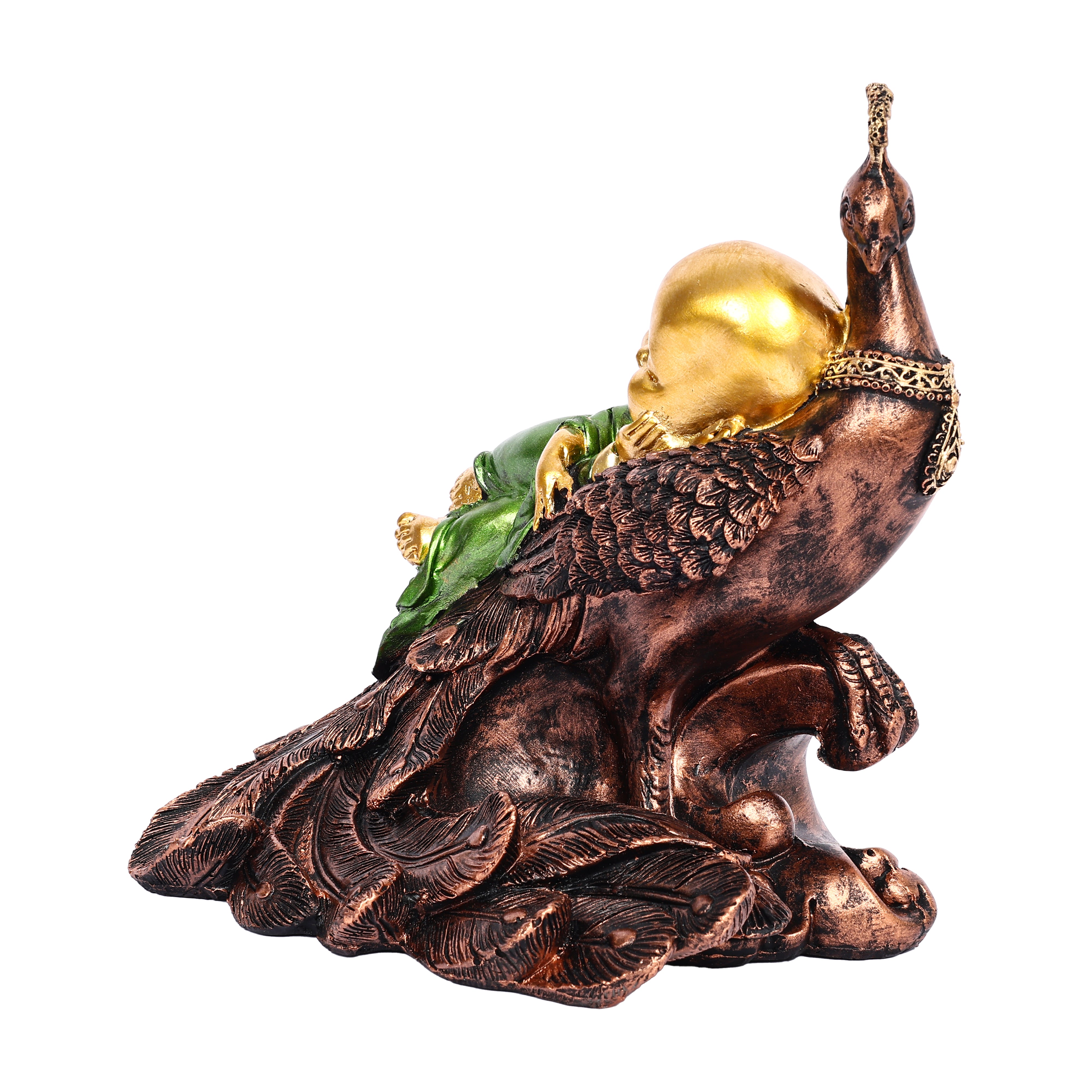 Decorative Showpiece of a Laughing Buddha Peacefully Sleeping on a Peacock