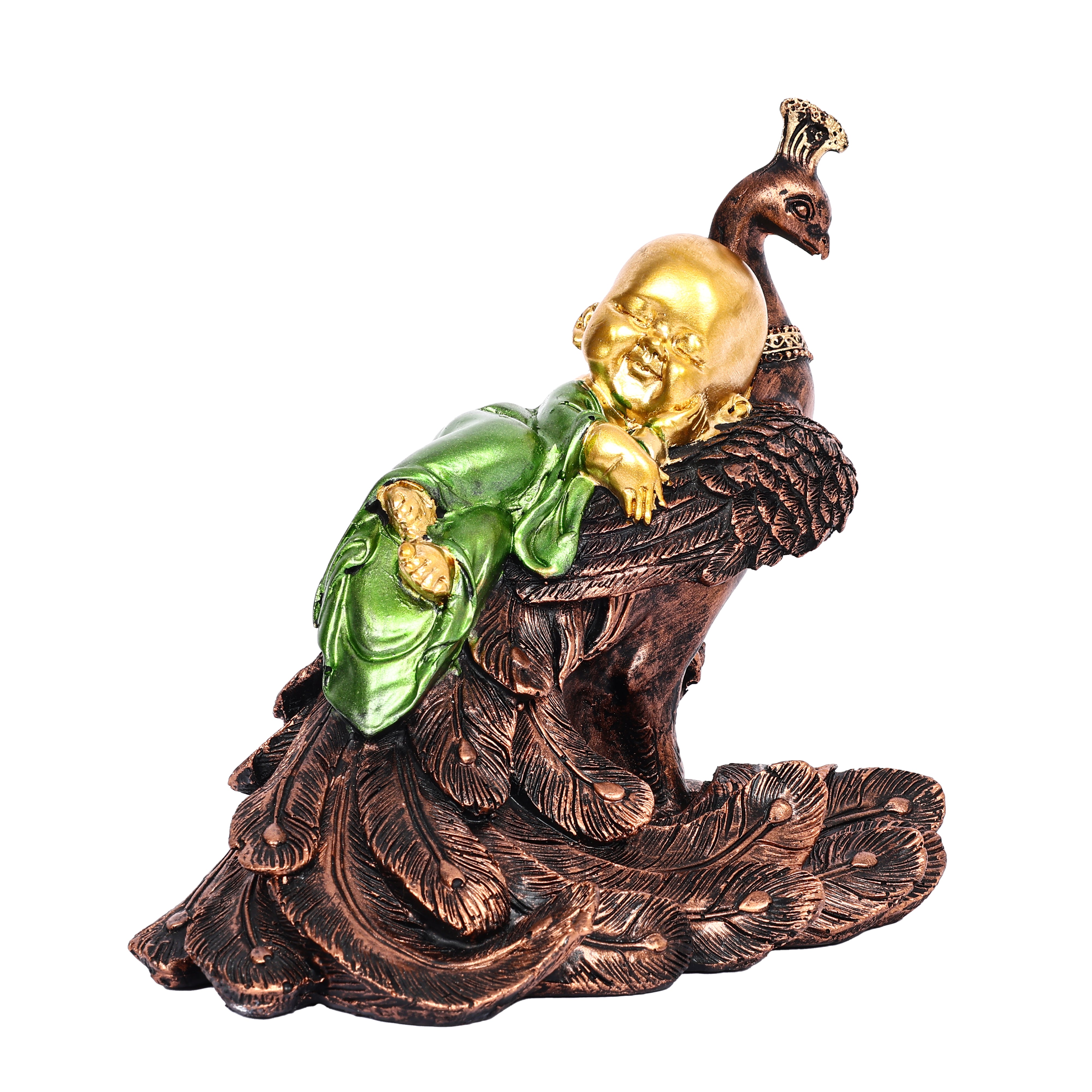 Decorative Showpiece of a Laughing Buddha Peacefully Sleeping on a Peacock