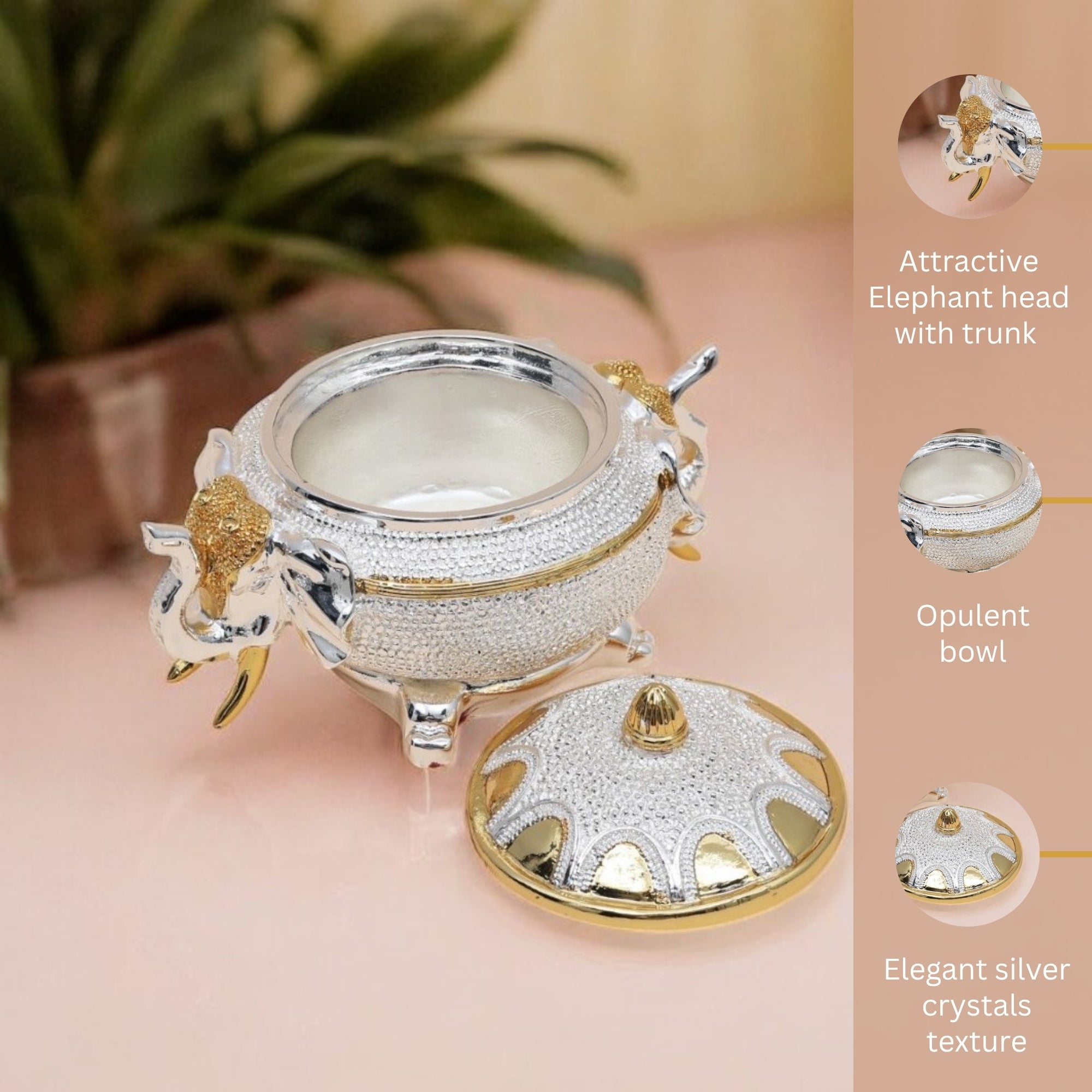 Decorative elephant-shaped container with opulent bowl and elegant silver crystals on a pink surface.