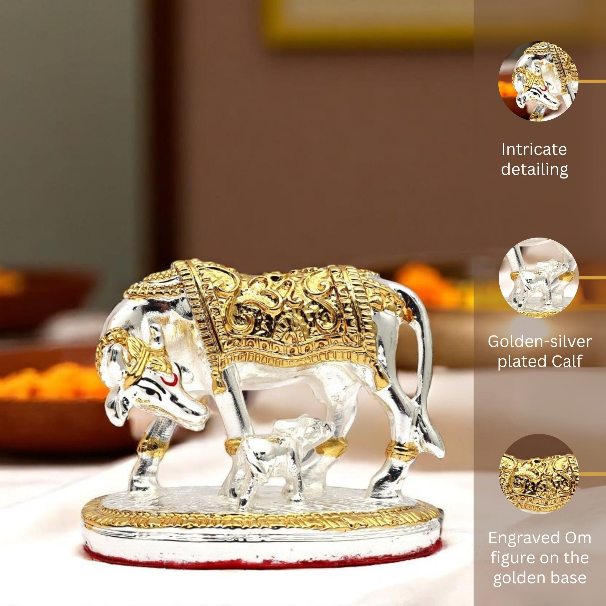 Decorative elephant figurine with intricate detailing on a blurred background