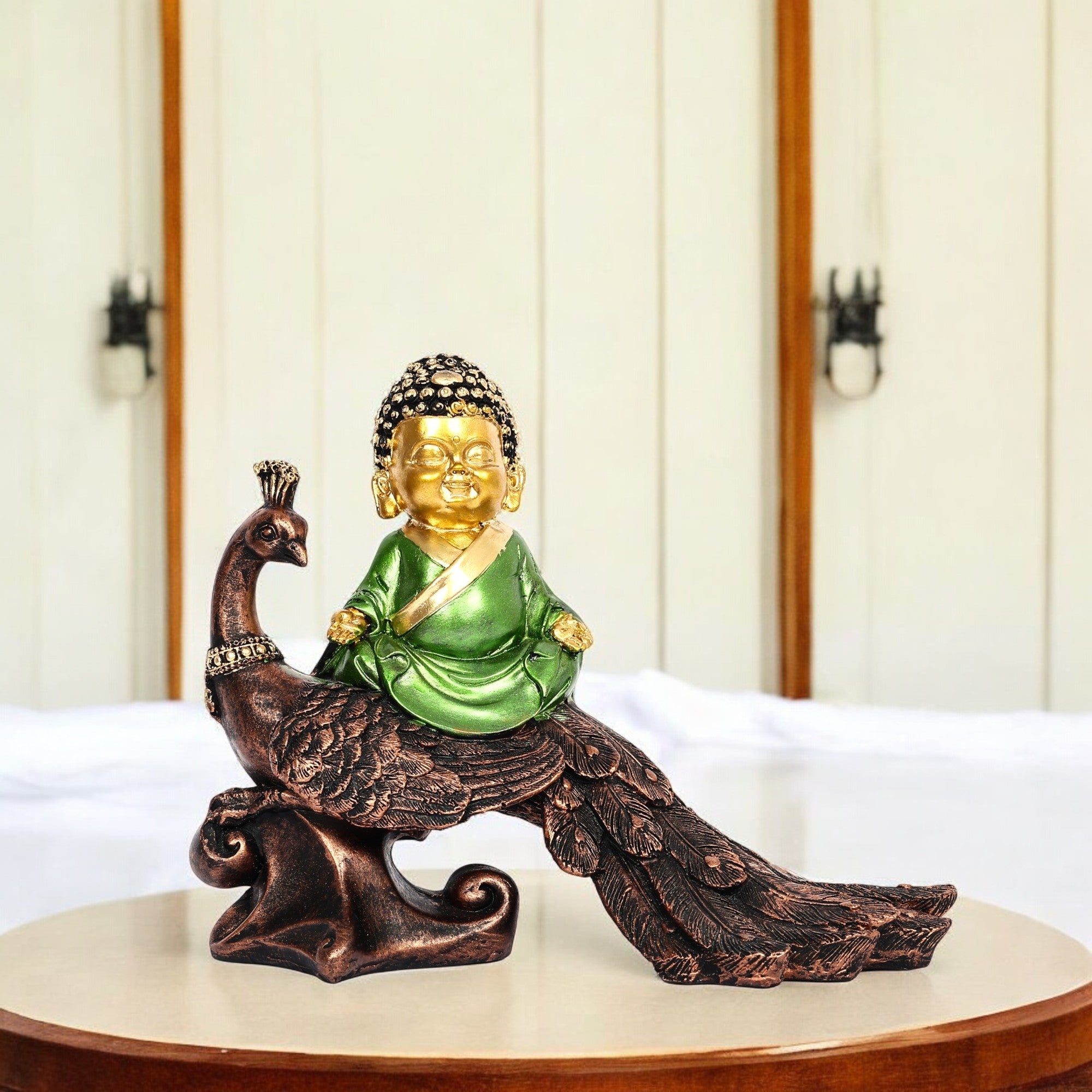 Elegant Baby Buddha on Peacock Figurine – Spiritual Home Decor