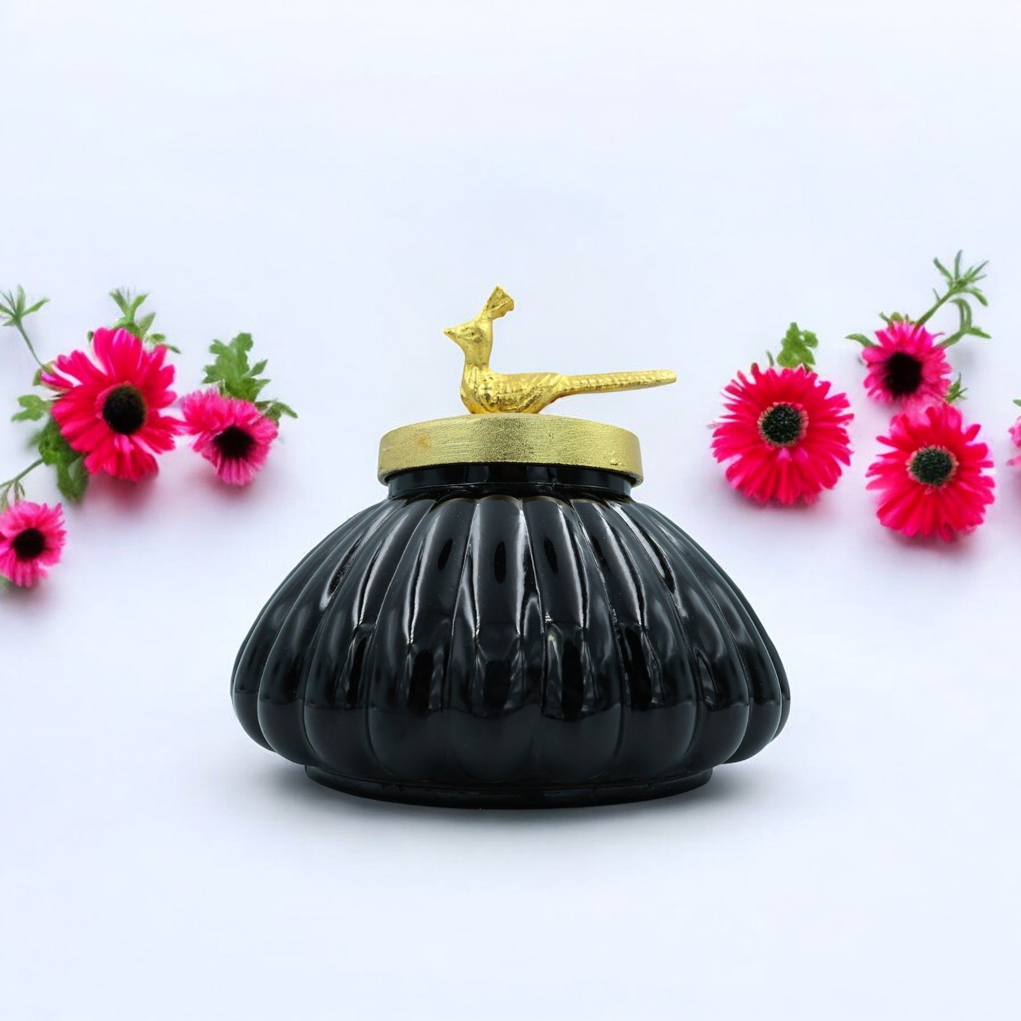 Elegant Glass Jar with Gold Bird Lid – Luxurious Storage and Decor