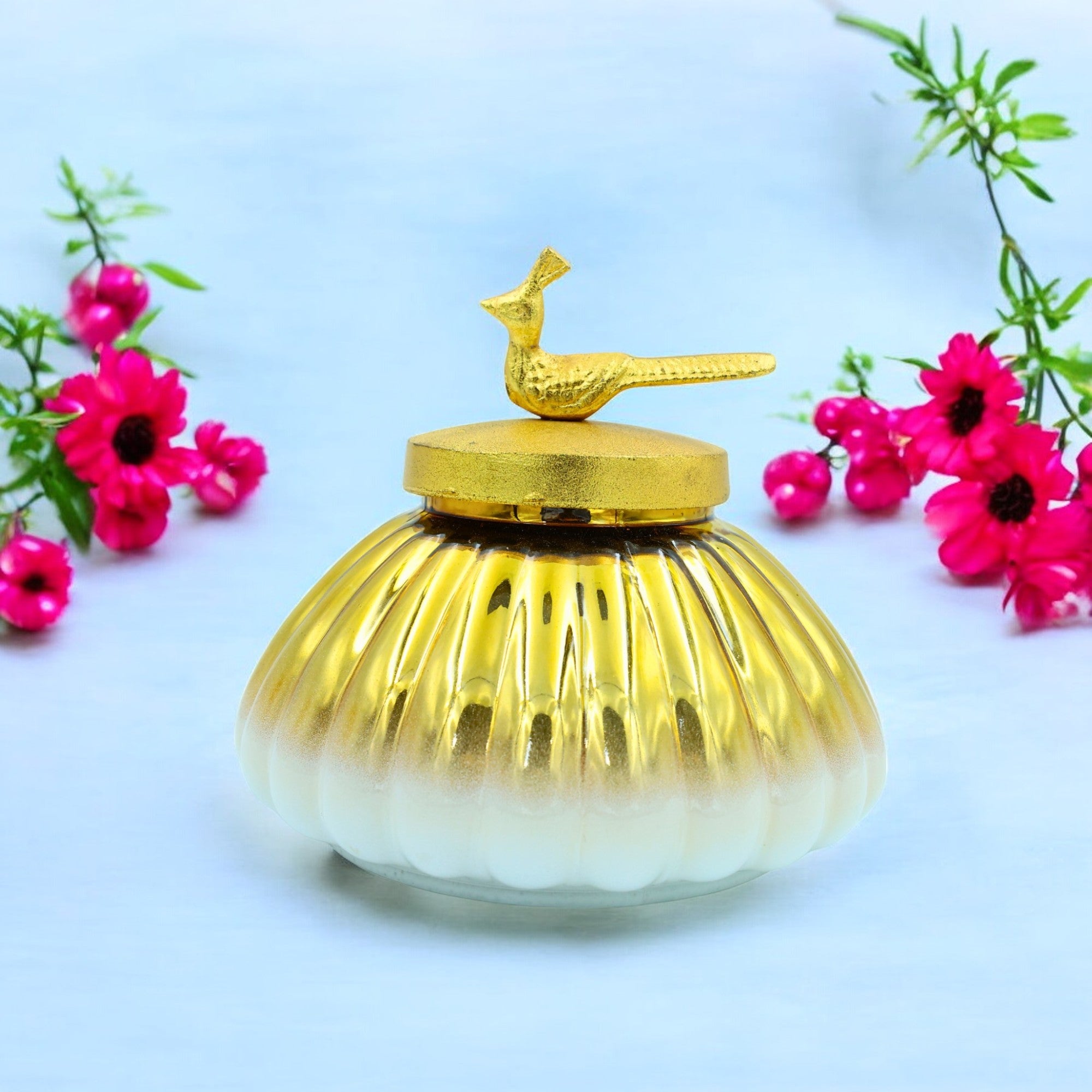 Elegant Glass Jar with Gold Bird Lid – Luxurious Storage and Decor