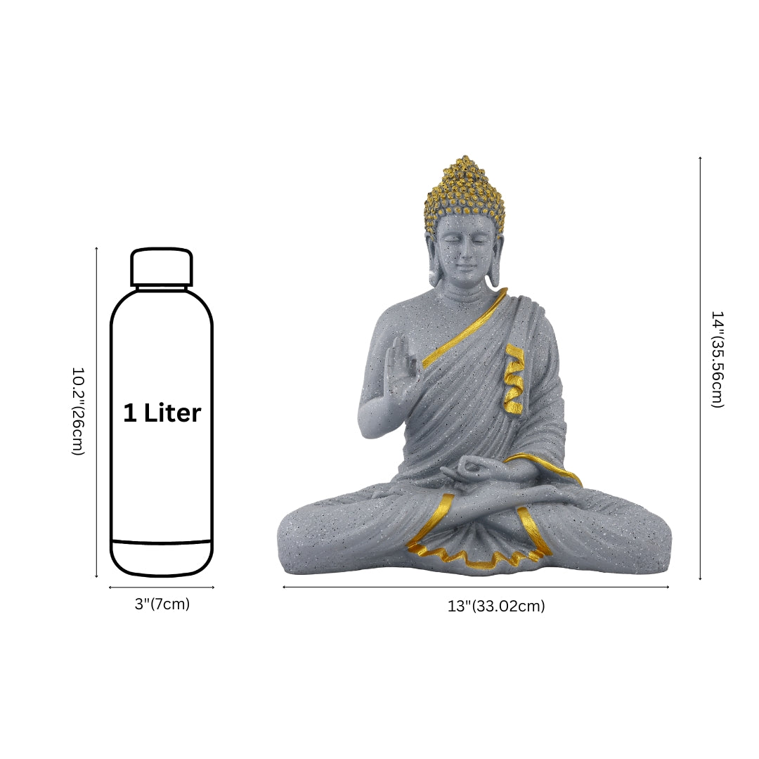 Elegant Grey & Gold Polyresin Buddha Statue – 14 Inch Handcrafted Meditating Monk Figurine for Home & Office Décor
