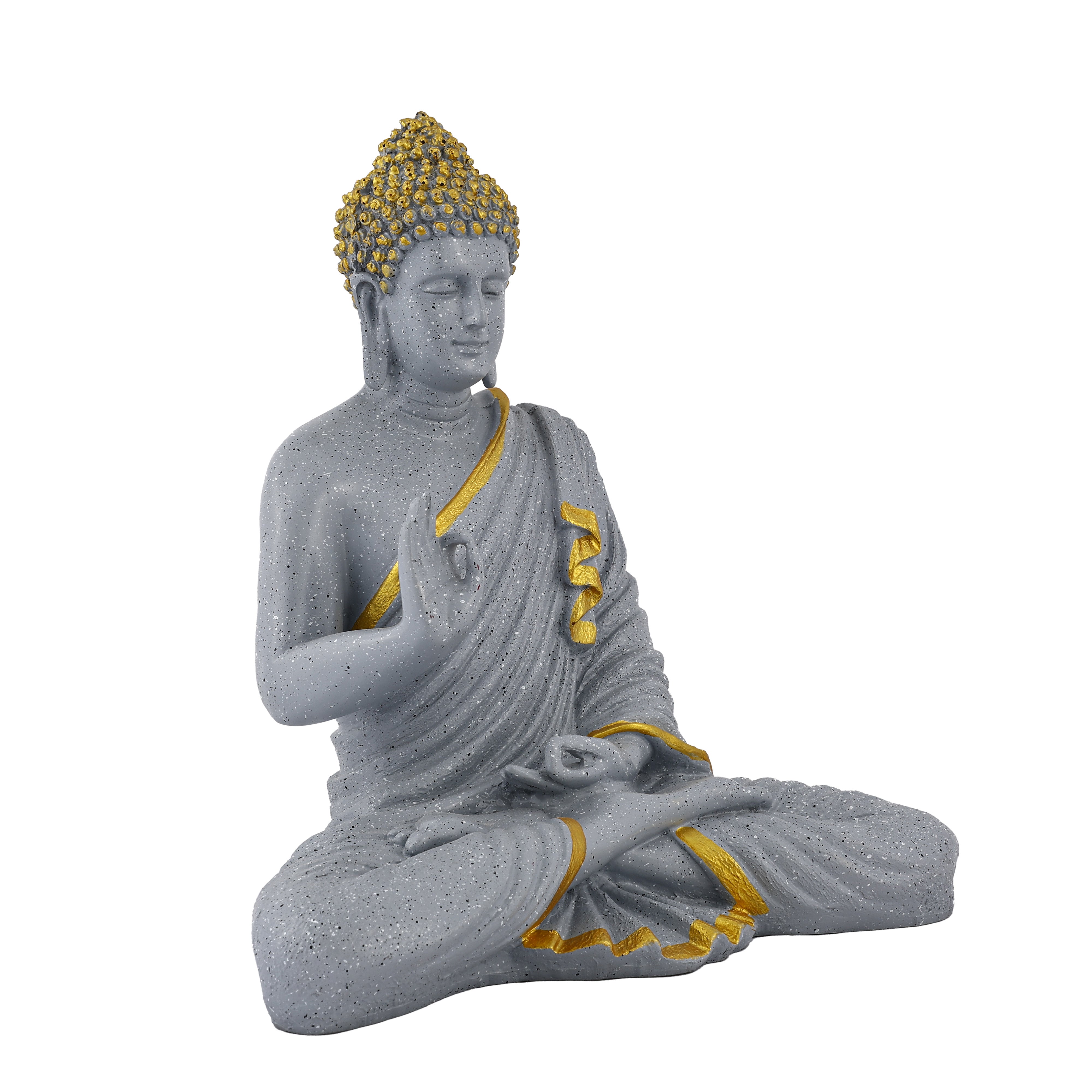 Elegant Grey & Gold Polyresin Buddha Statue – 14 Inch Handcrafted Meditating Monk Figurine for Home & Office Décor