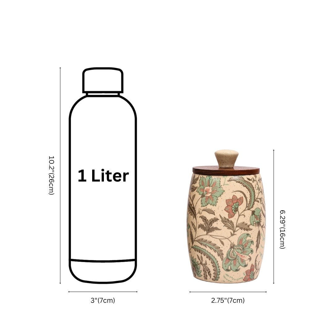 Ethnic ceramic Decal air-tight jar set with green flower pattern (Set of 2)