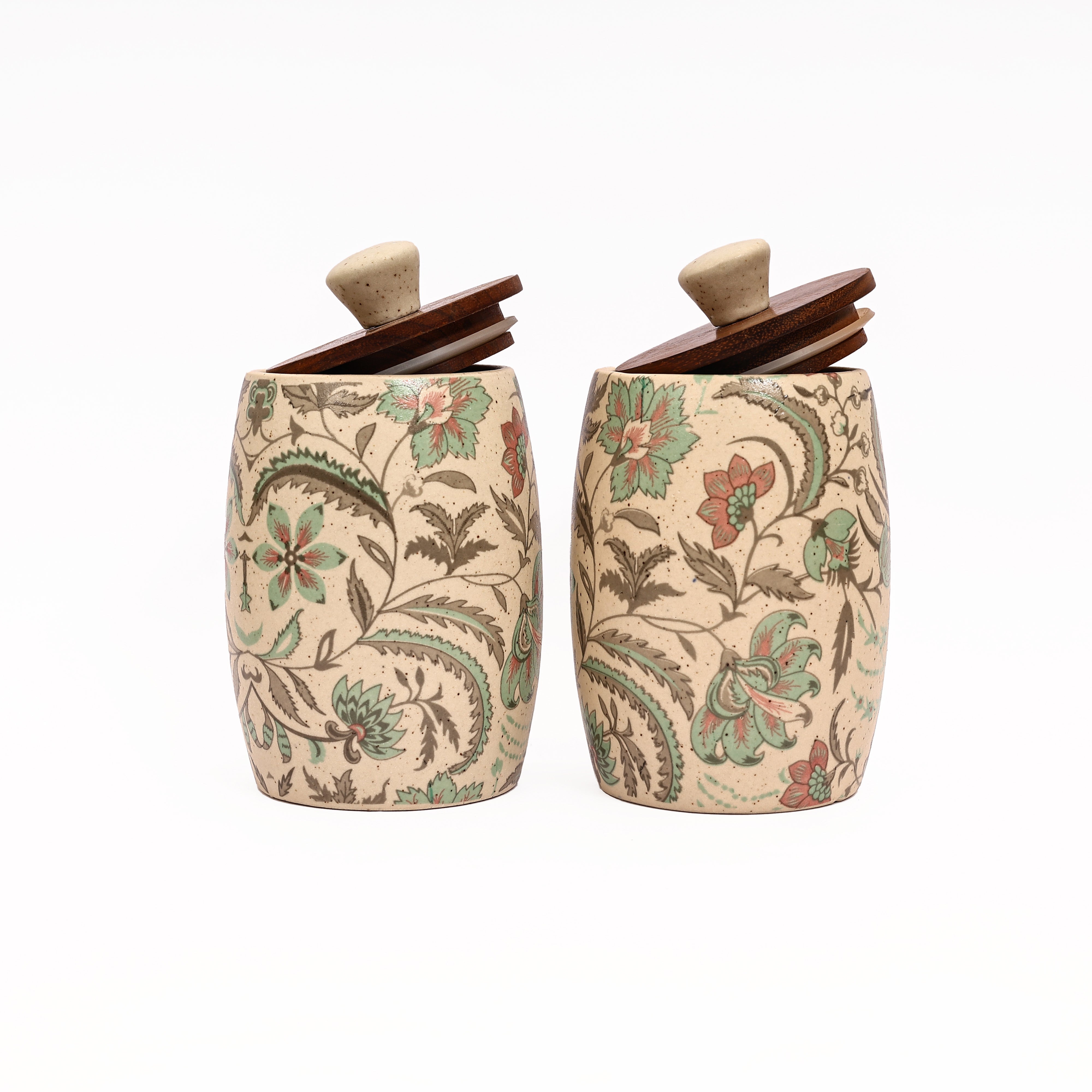 Ethnic ceramic Decal air-tight jar set with green flower pattern (Set of 2)