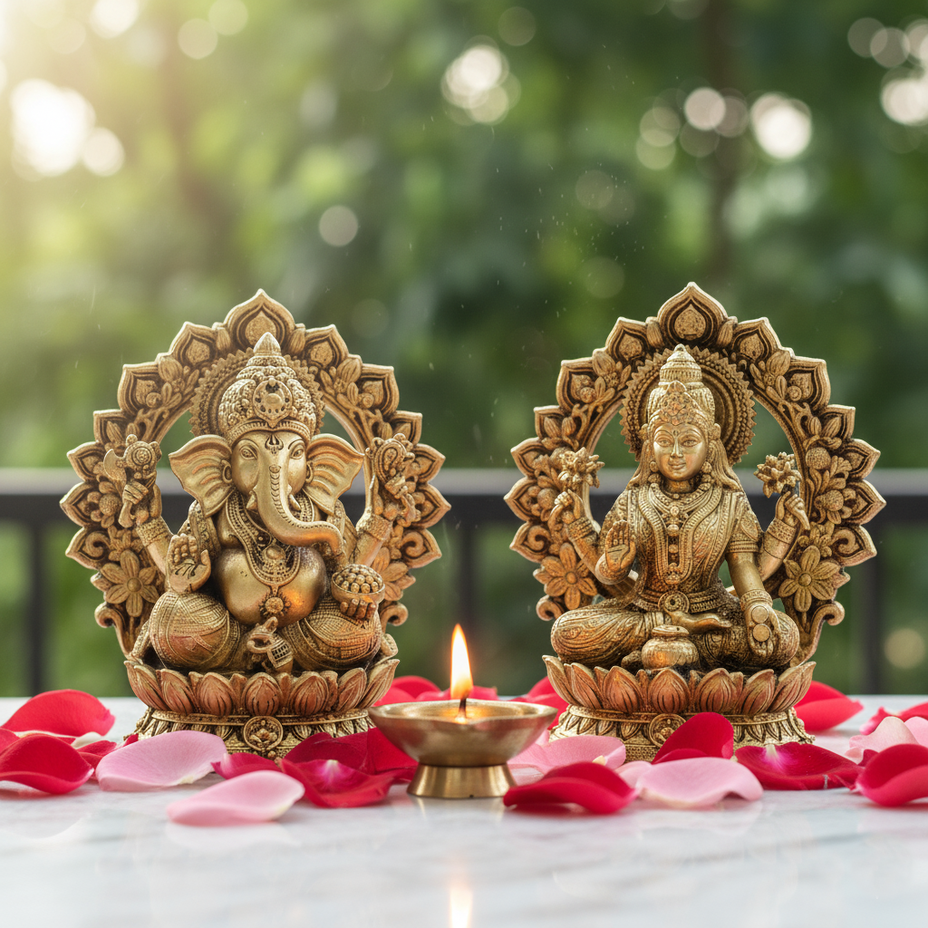 Fine Brass Majestic Lakshmi Ganesha with Arched Backdrop 