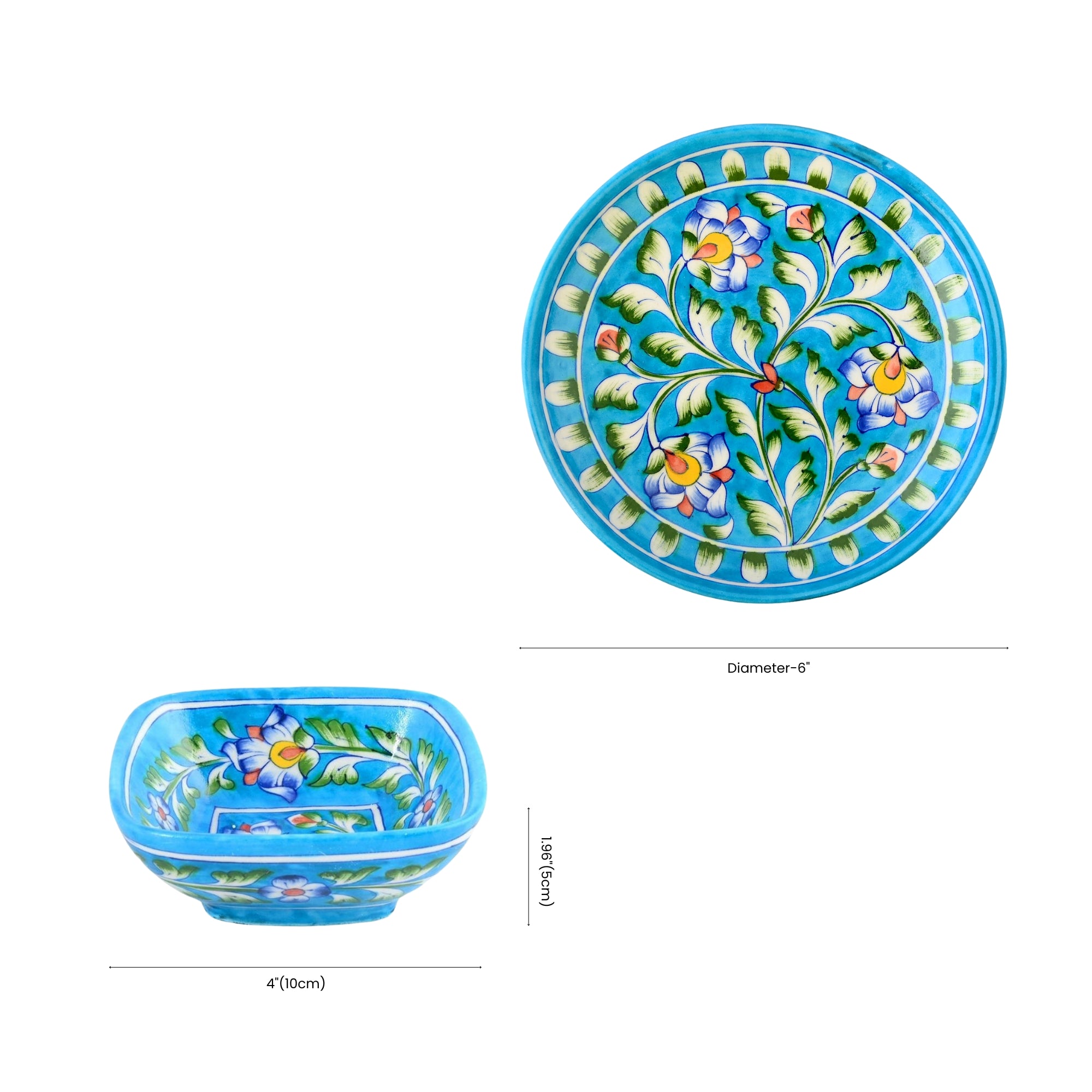 Floral Round Plate & Square Bowl Set – Handcrafted Jaipur Blue Pottery for Modern Dining