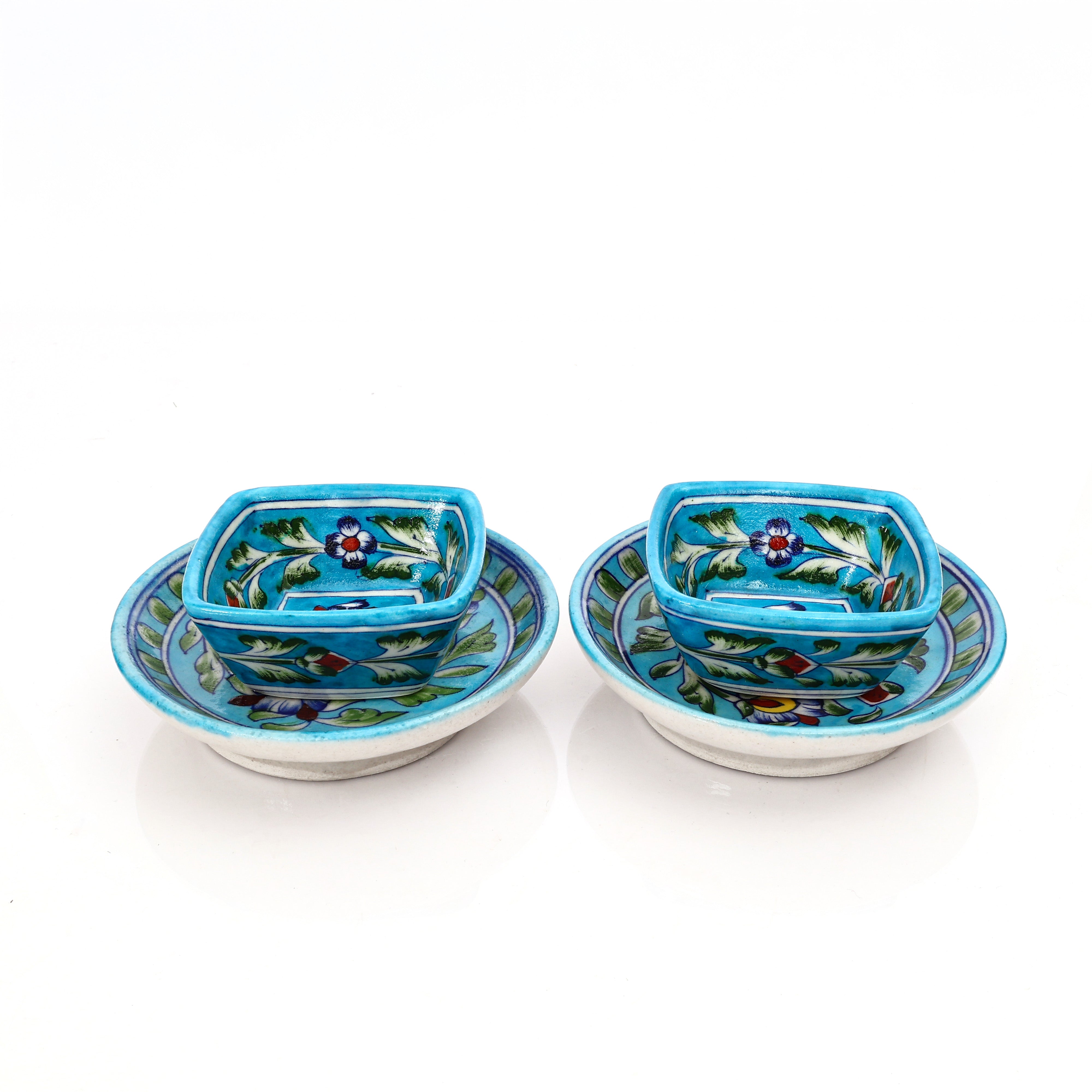 Floral Round Plate & Square Bowl Set – Handcrafted Jaipur Blue Pottery for Modern Dining