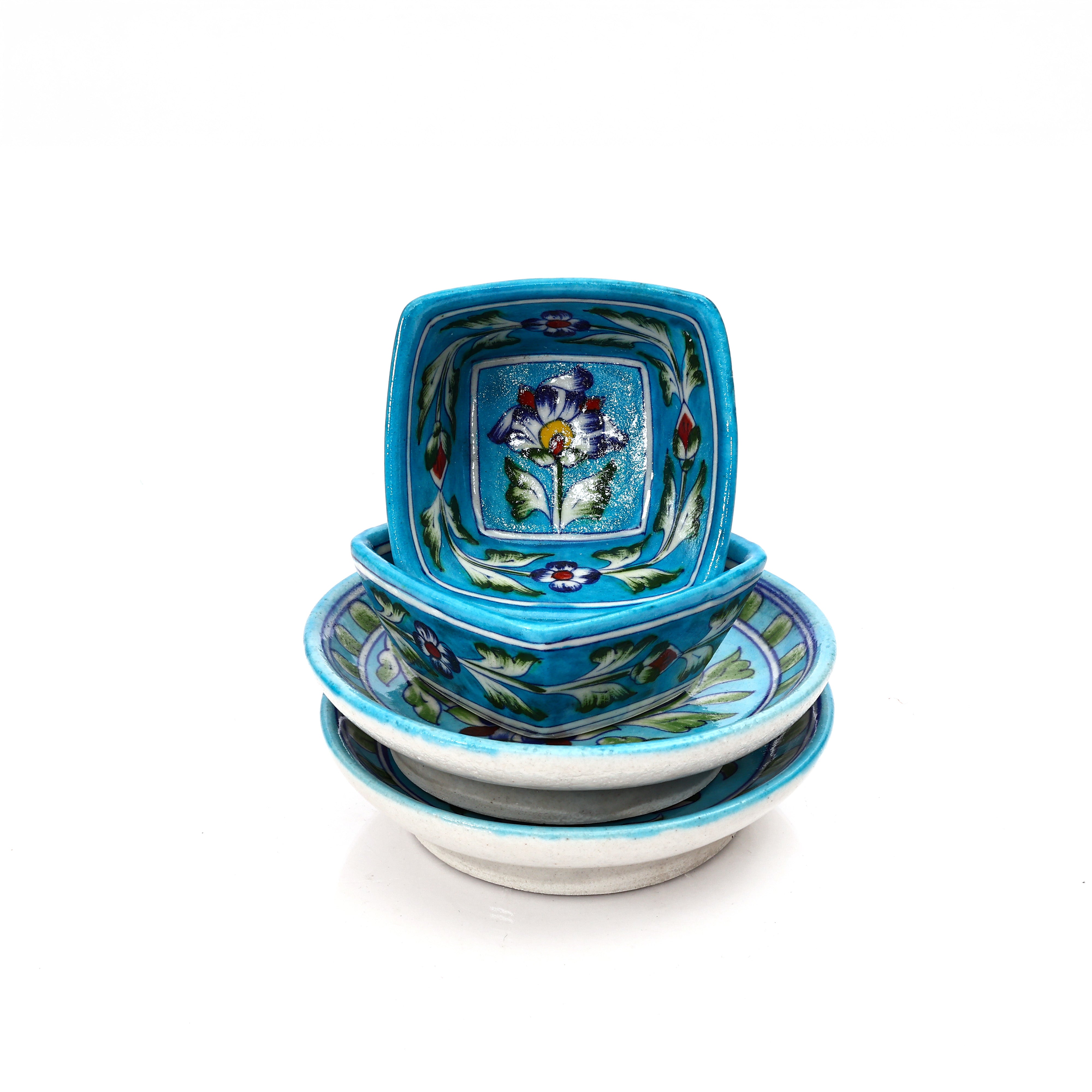 Floral Round Plate & Square Bowl Set – Handcrafted Jaipur Blue Pottery for Modern Dining