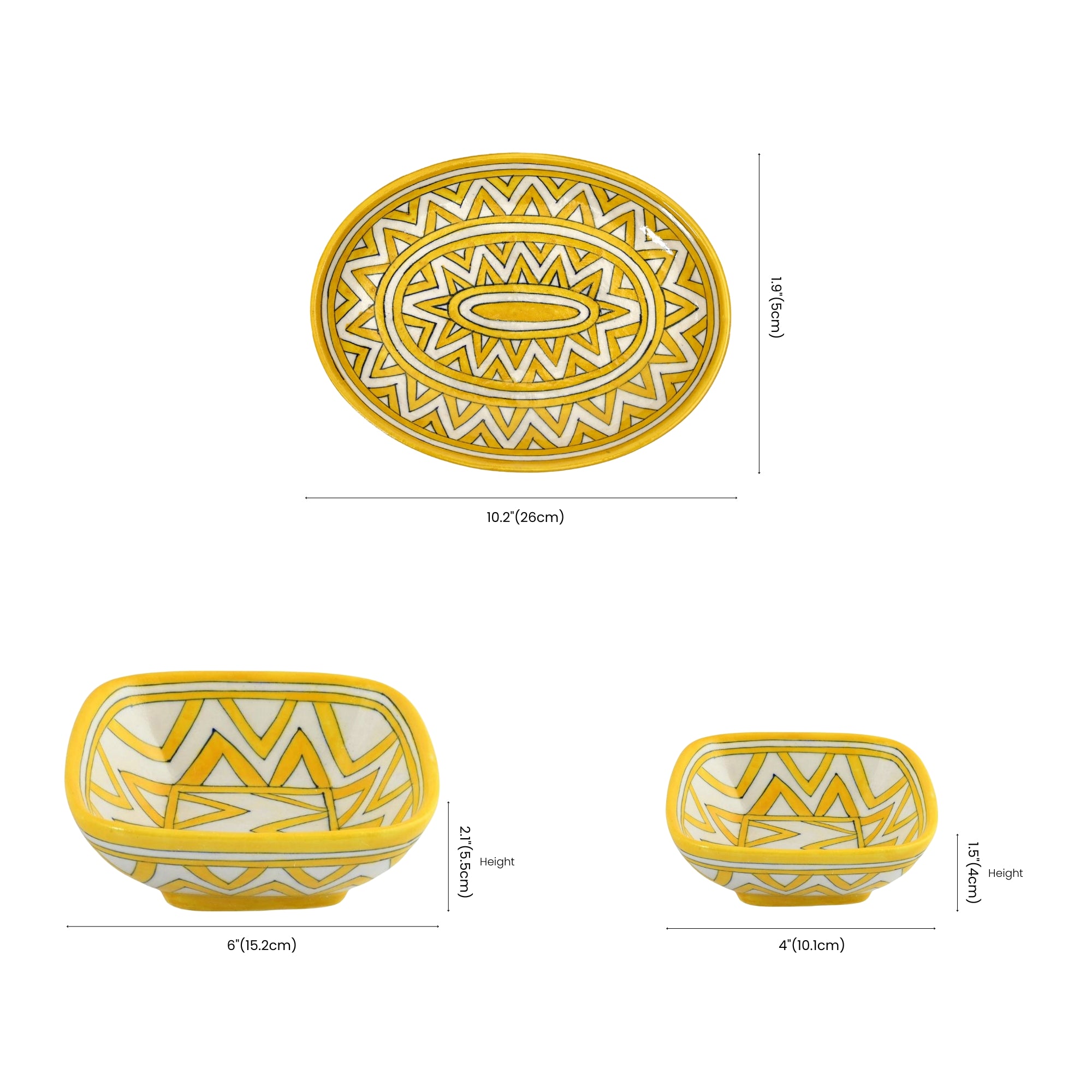 Geometric Yellow Oval Platter & Bowl Set – Handcrafted Jaipur Blue Pottery for Contemporary Dining