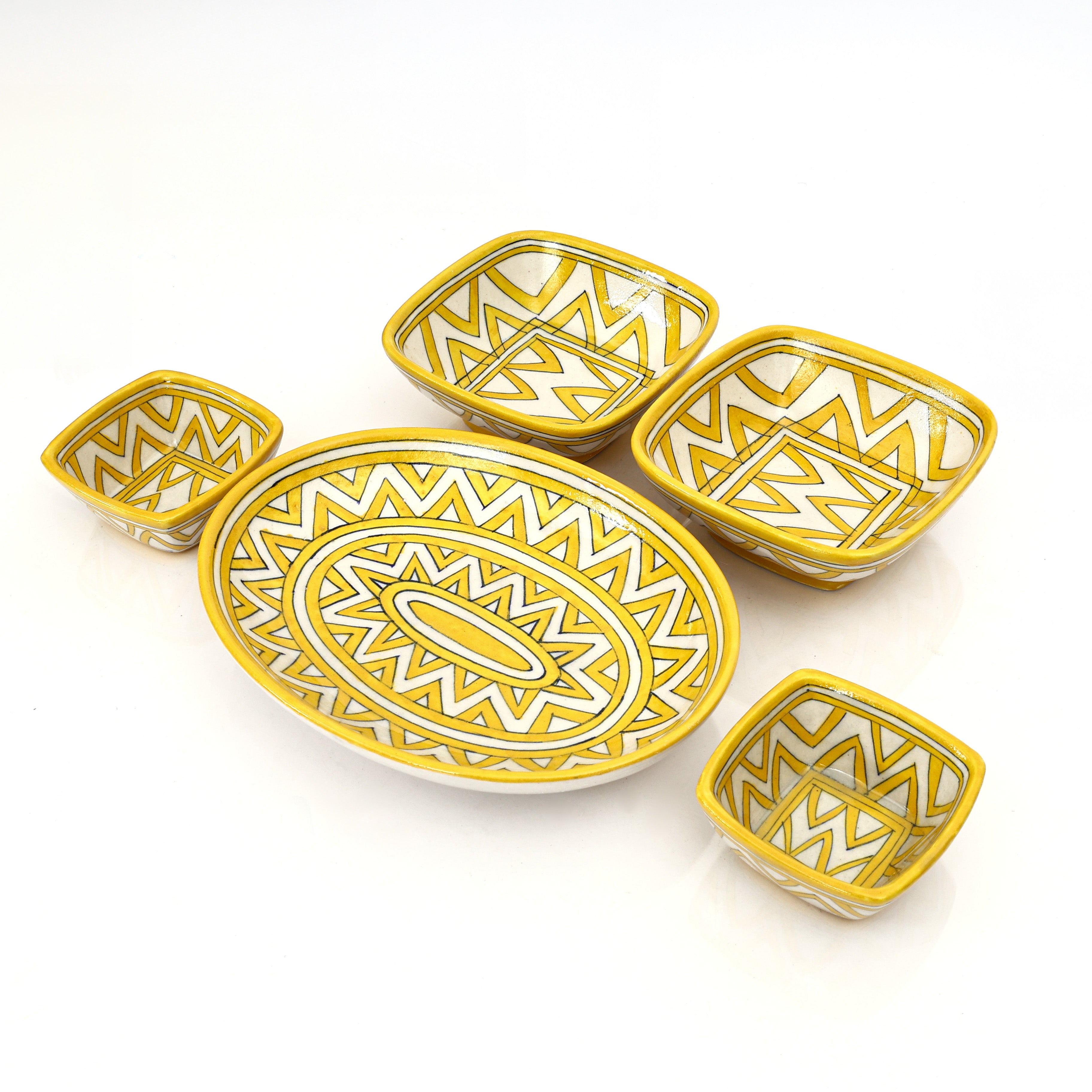 Geometric Yellow Oval Platter & Bowl Set – Handcrafted Jaipur Blue Pottery for Contemporary Dining