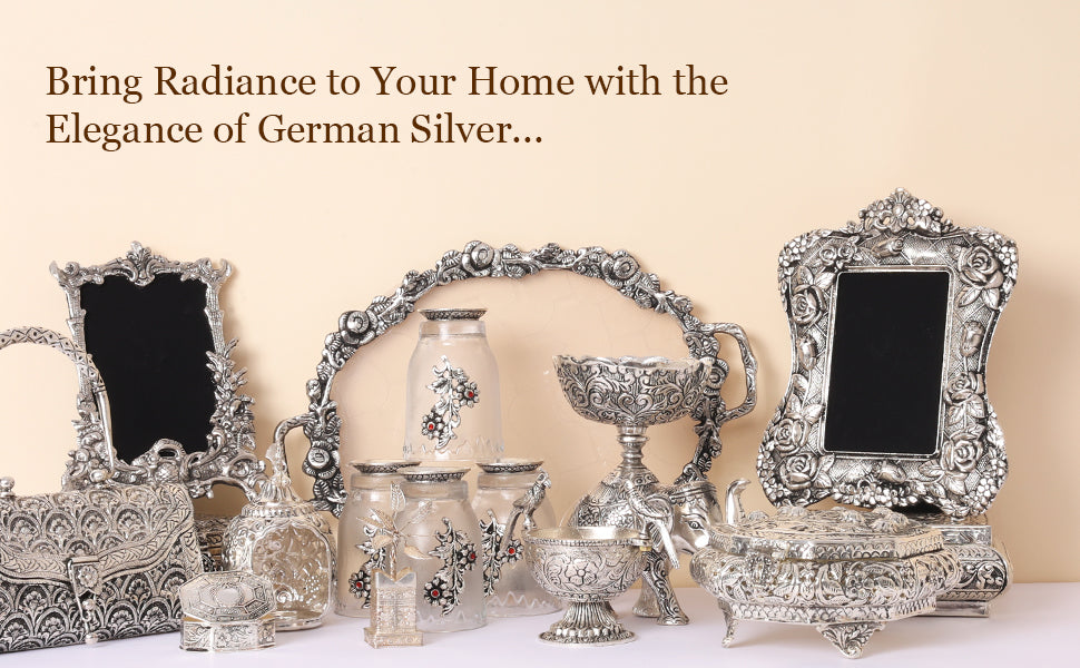 Collection of silver decorative items with text on a beige background