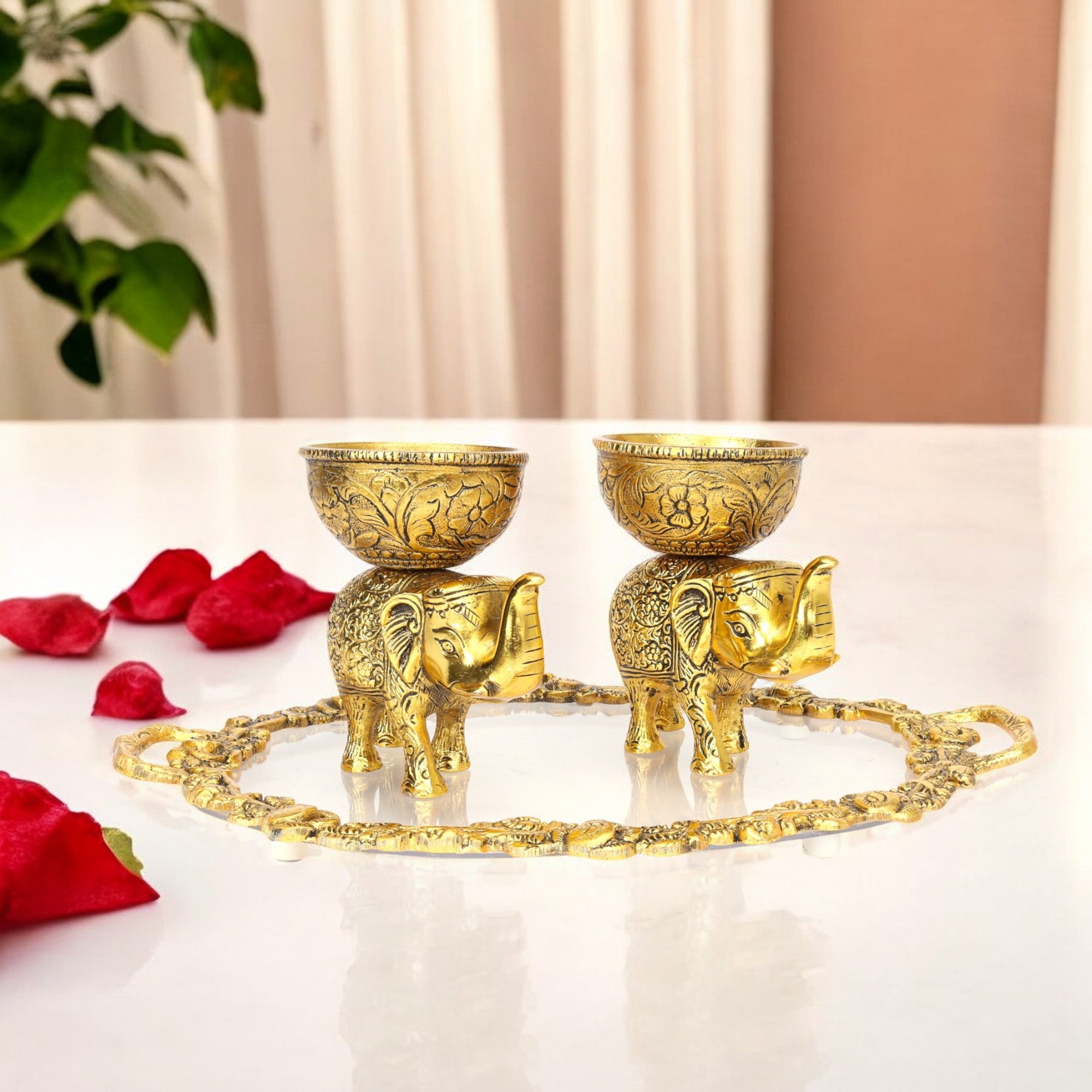 German Silver Elephant Bowls and Tray Set—Golden