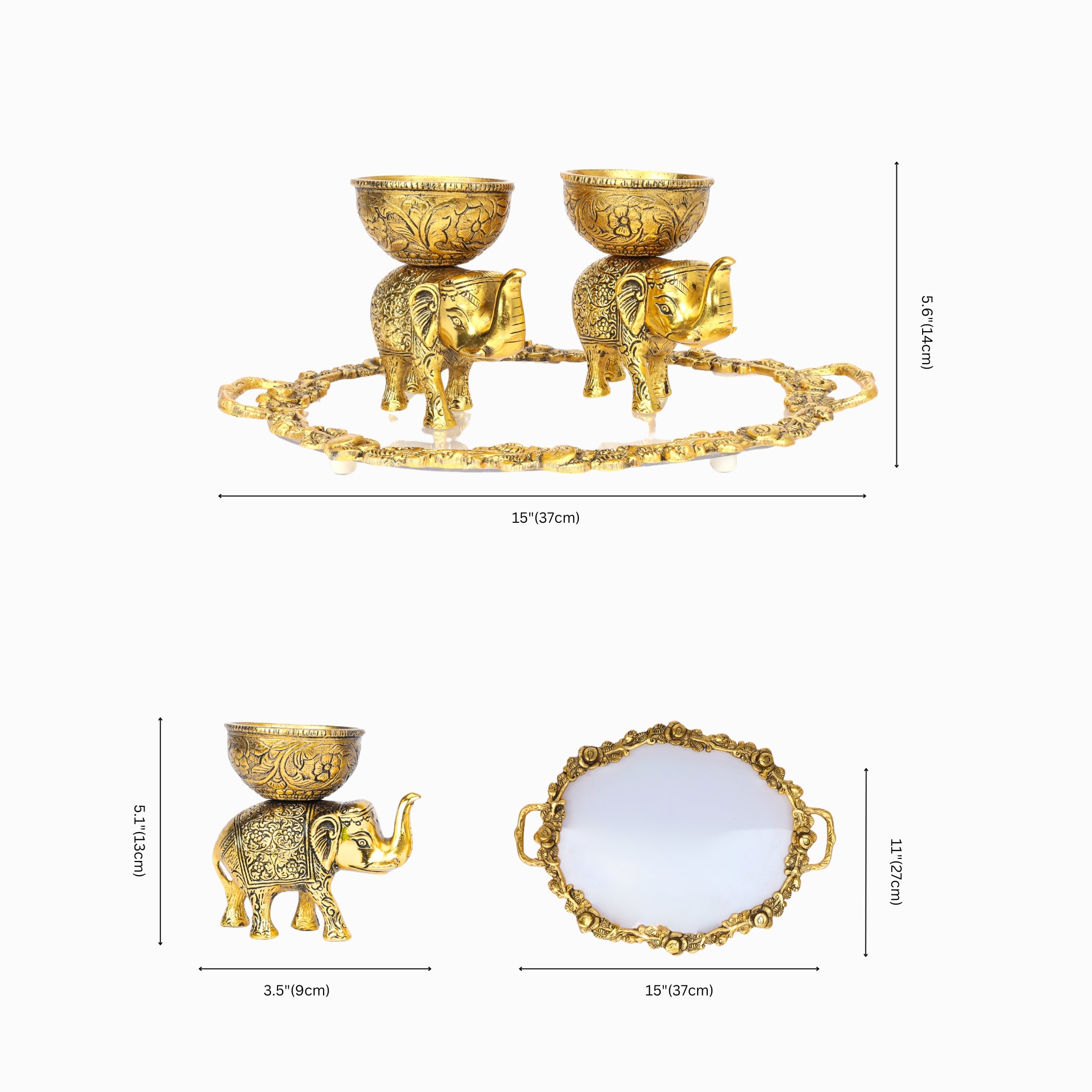 German Silver Elephant Bowls and Tray Set—Golden
