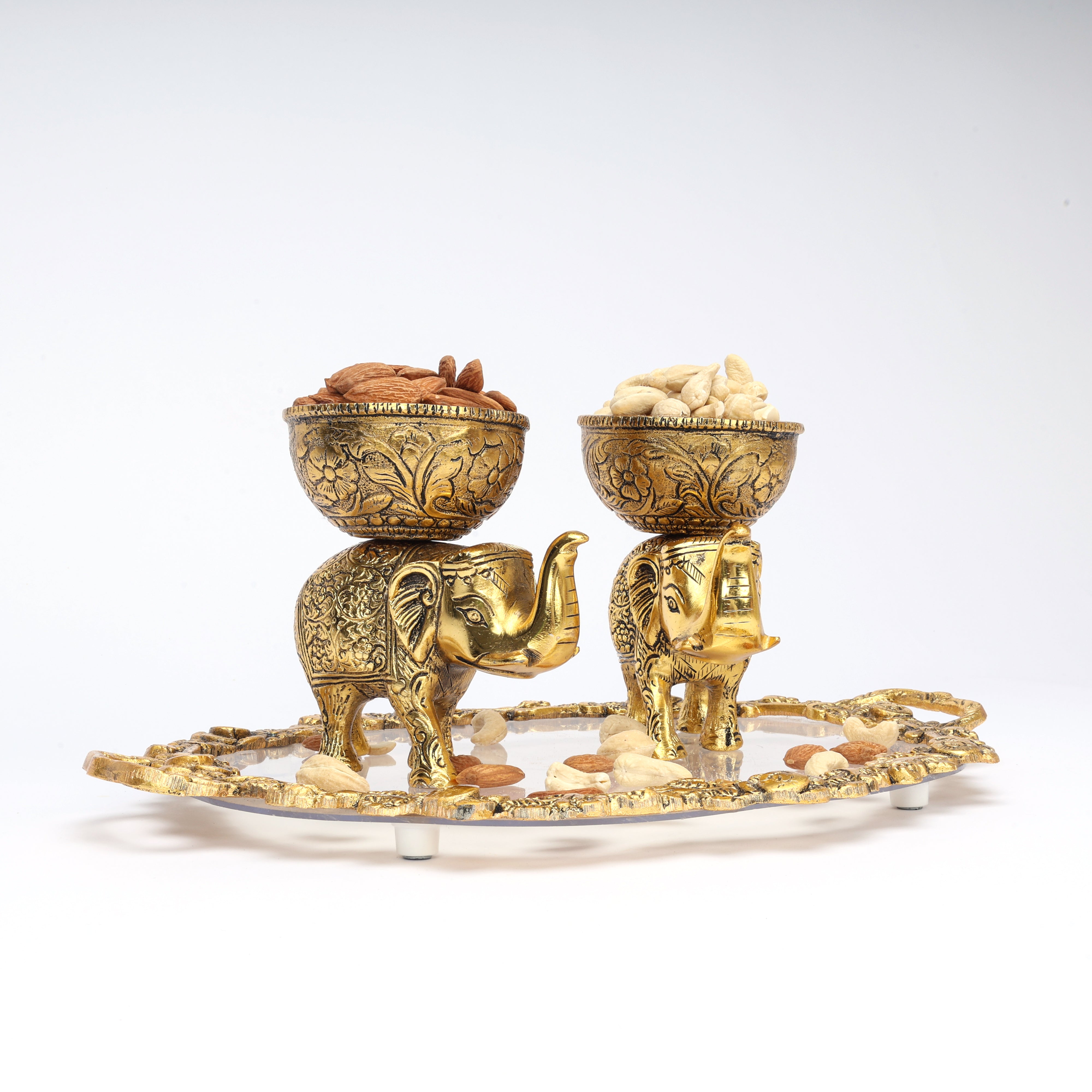 German Silver Elephant Bowls and Tray Set—Golden