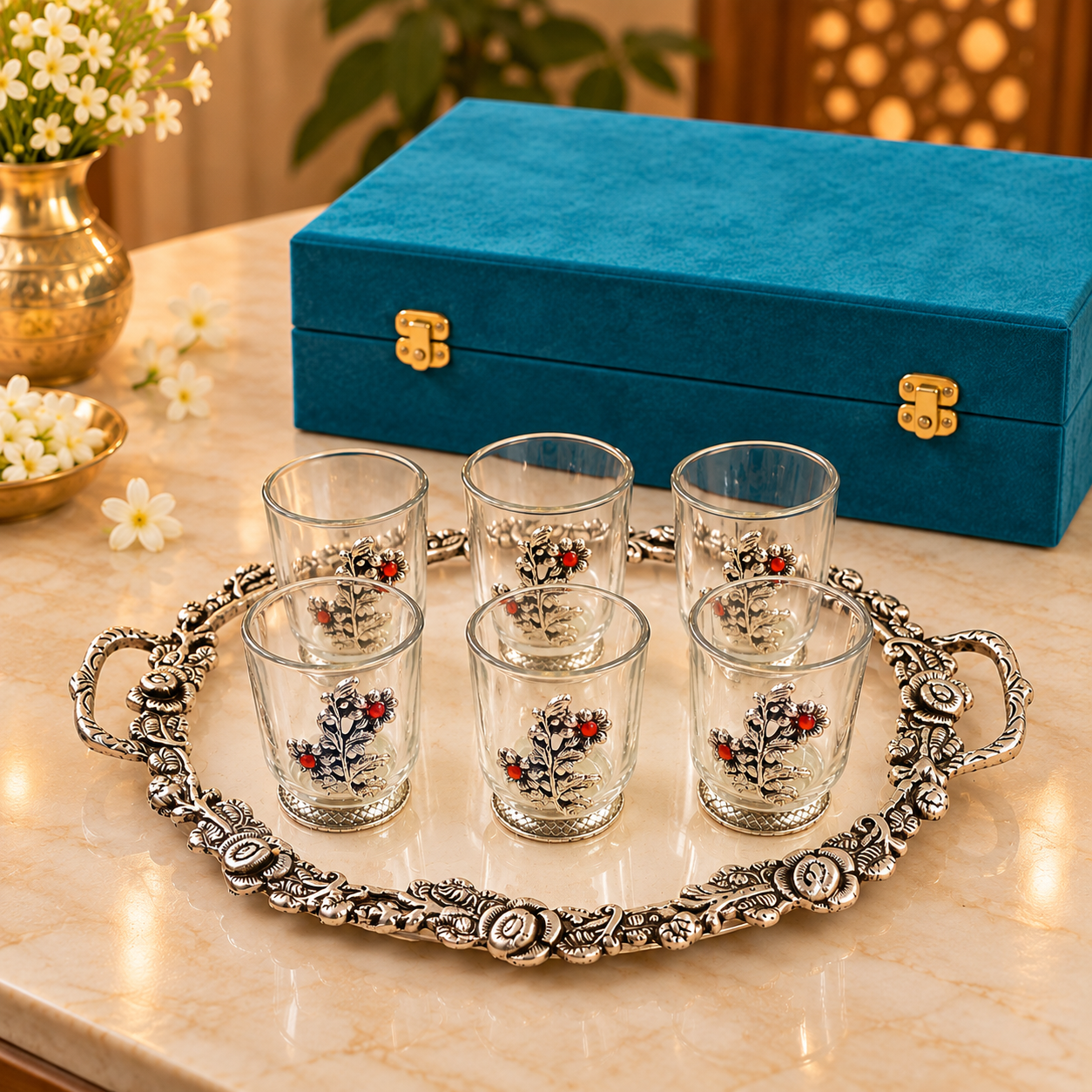German Silver Glass Set with Tray | Floral Engraving