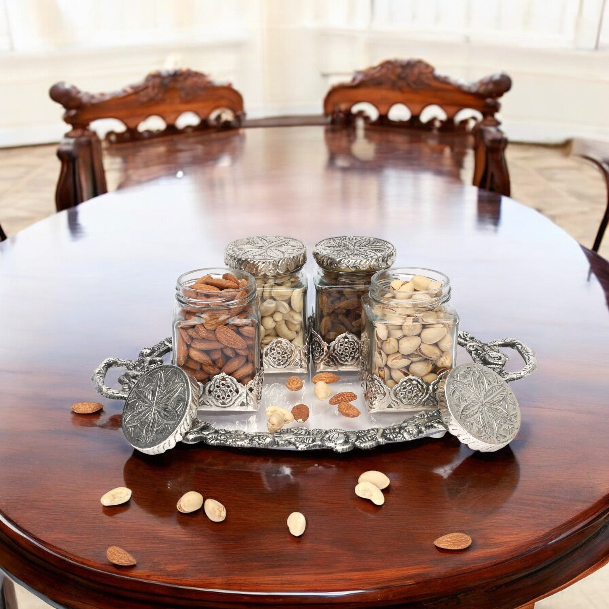 German Silver—Glass Dry Fruit Jar Set with Tray