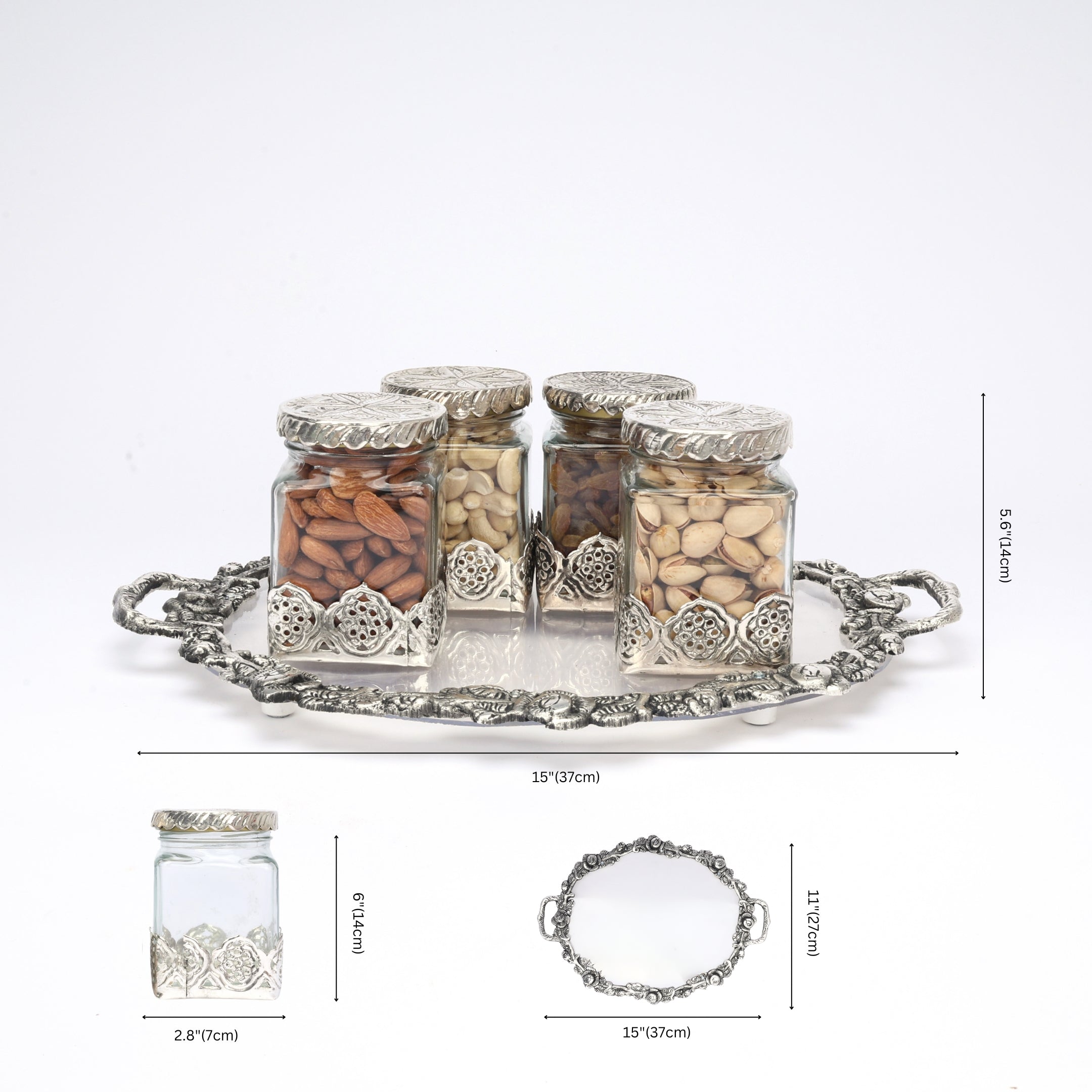 German Silver—Glass Dry Fruit Jar Set with Tray