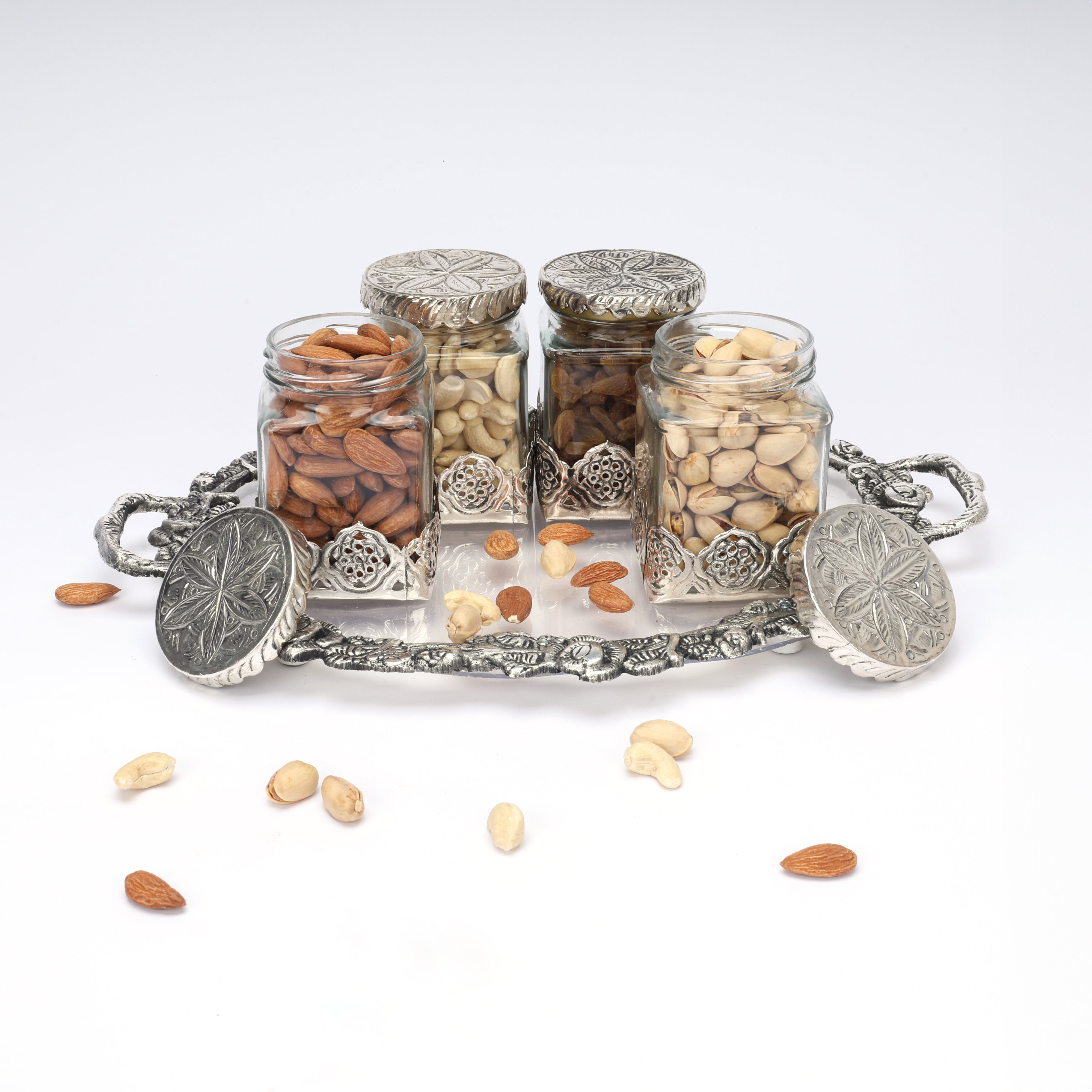 German Silver—Glass Dry Fruit Jar Set with Tray