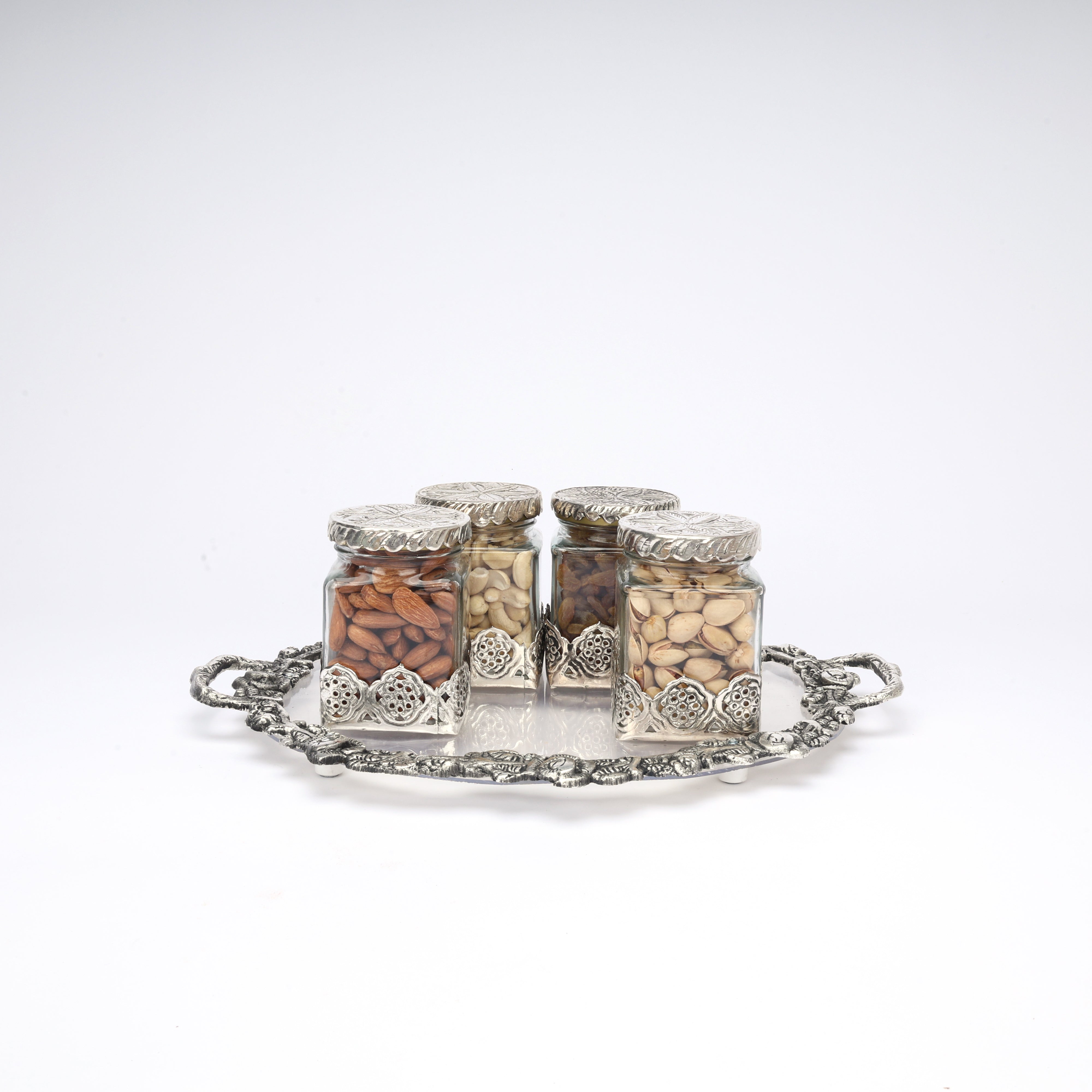 German Silver—Glass Dry Fruit Jar Set with Tray
