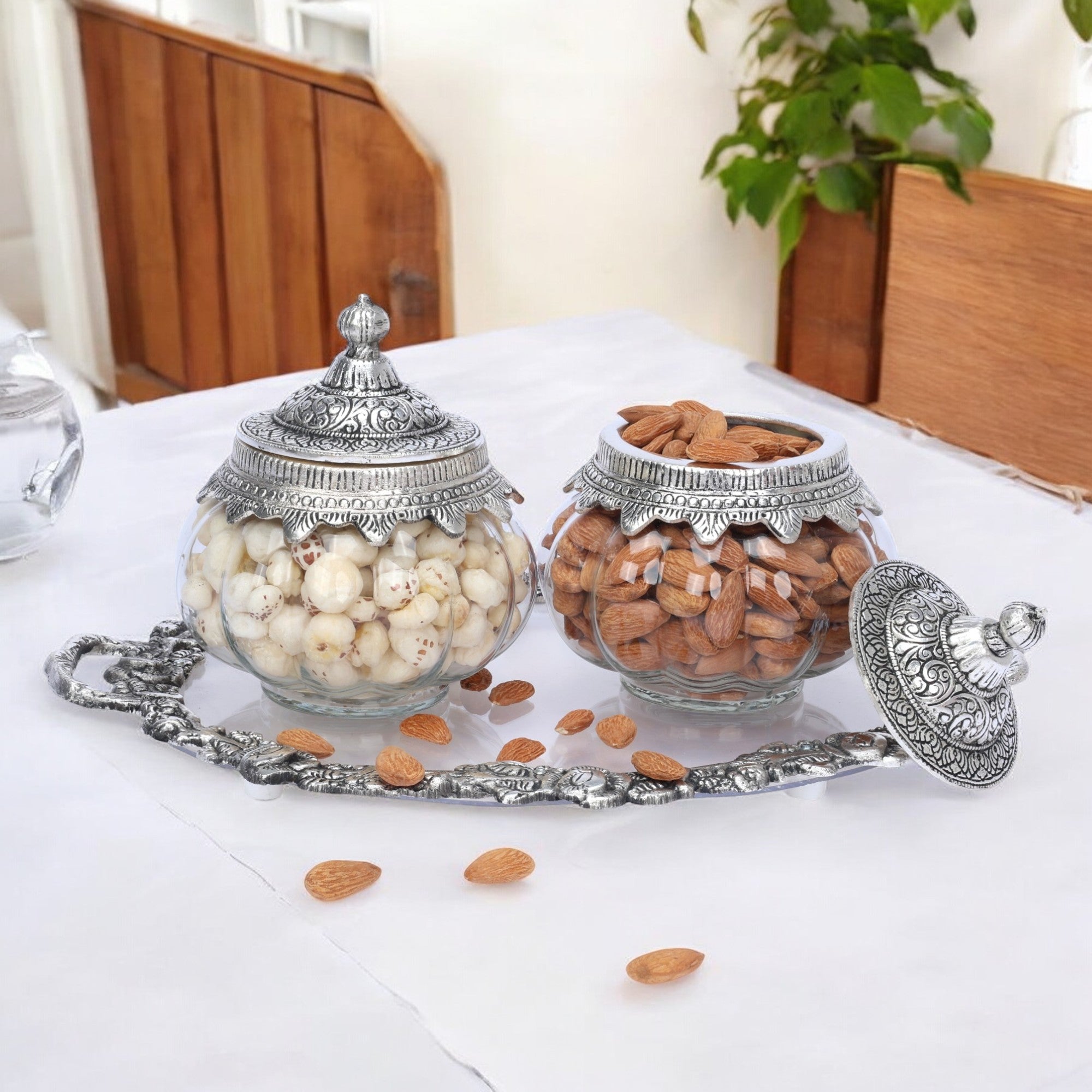 German Silver—Glass Set of 2 Kharbuja Jars and Decorative Tray