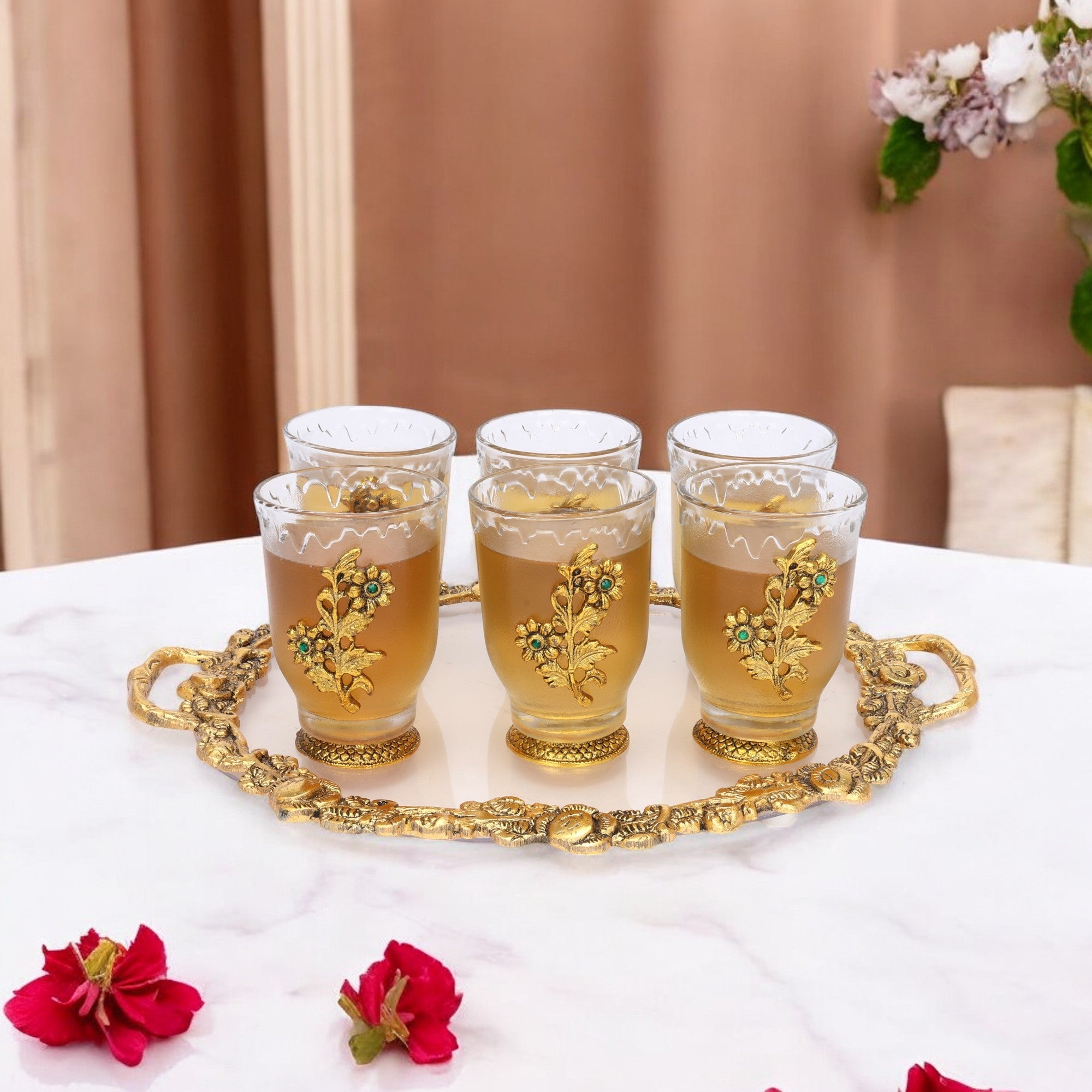 German Silver—Set of 6 Glasses with Tray—Golden