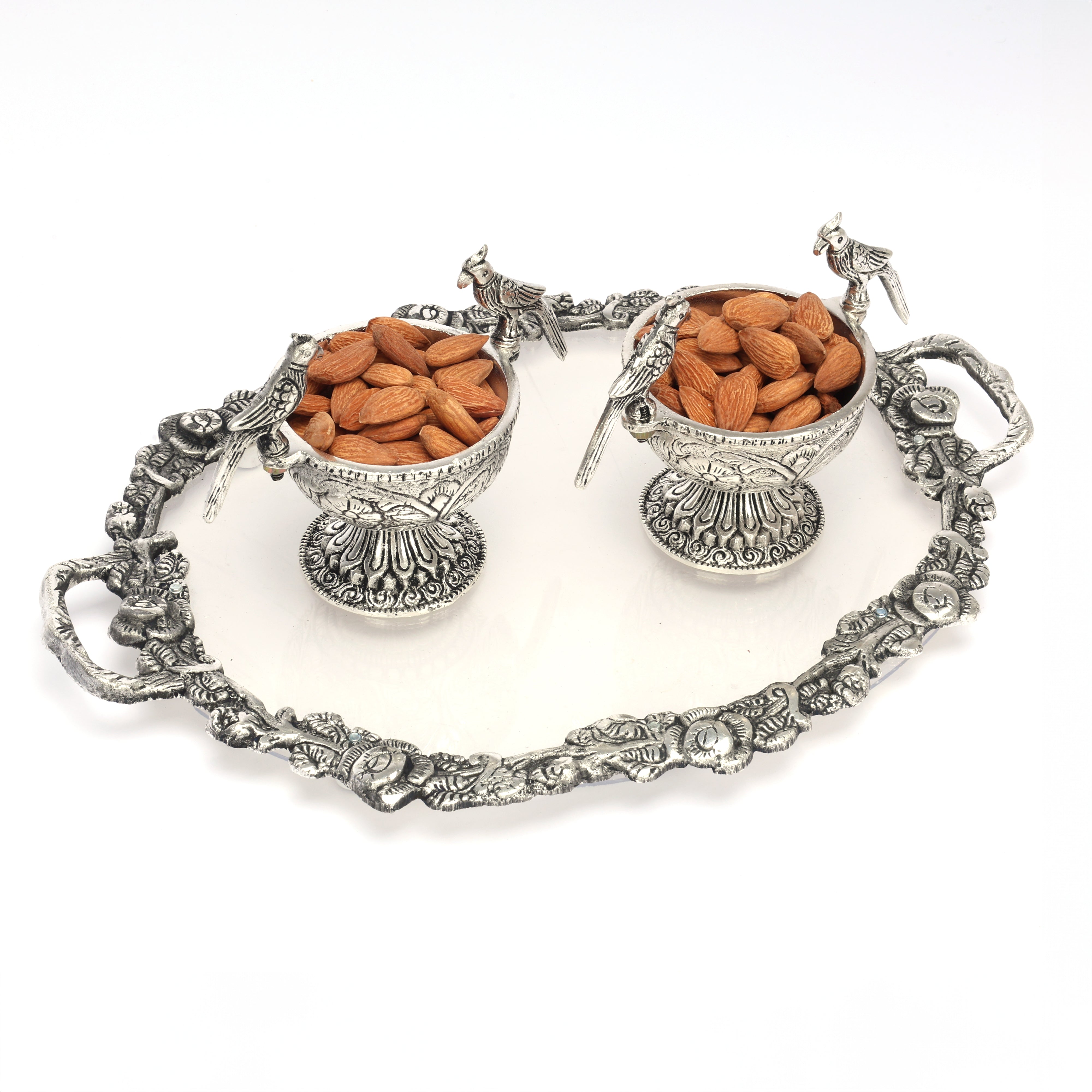 German Silver Set or 2 Parrot Bowls Set and Decorative Tray—Silver