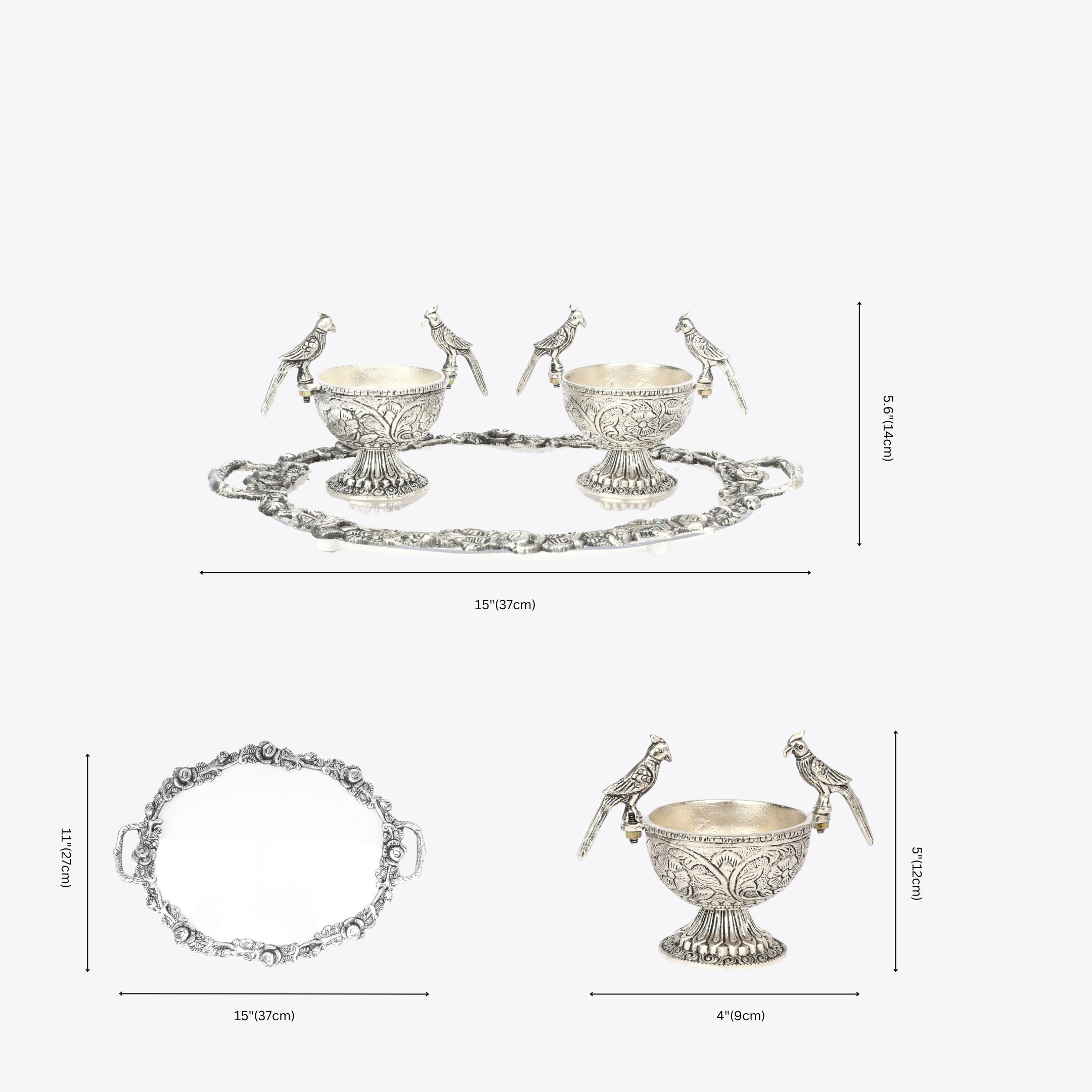German Silver Set or 2 Parrot Bowls Set and Decorative Tray—Silver