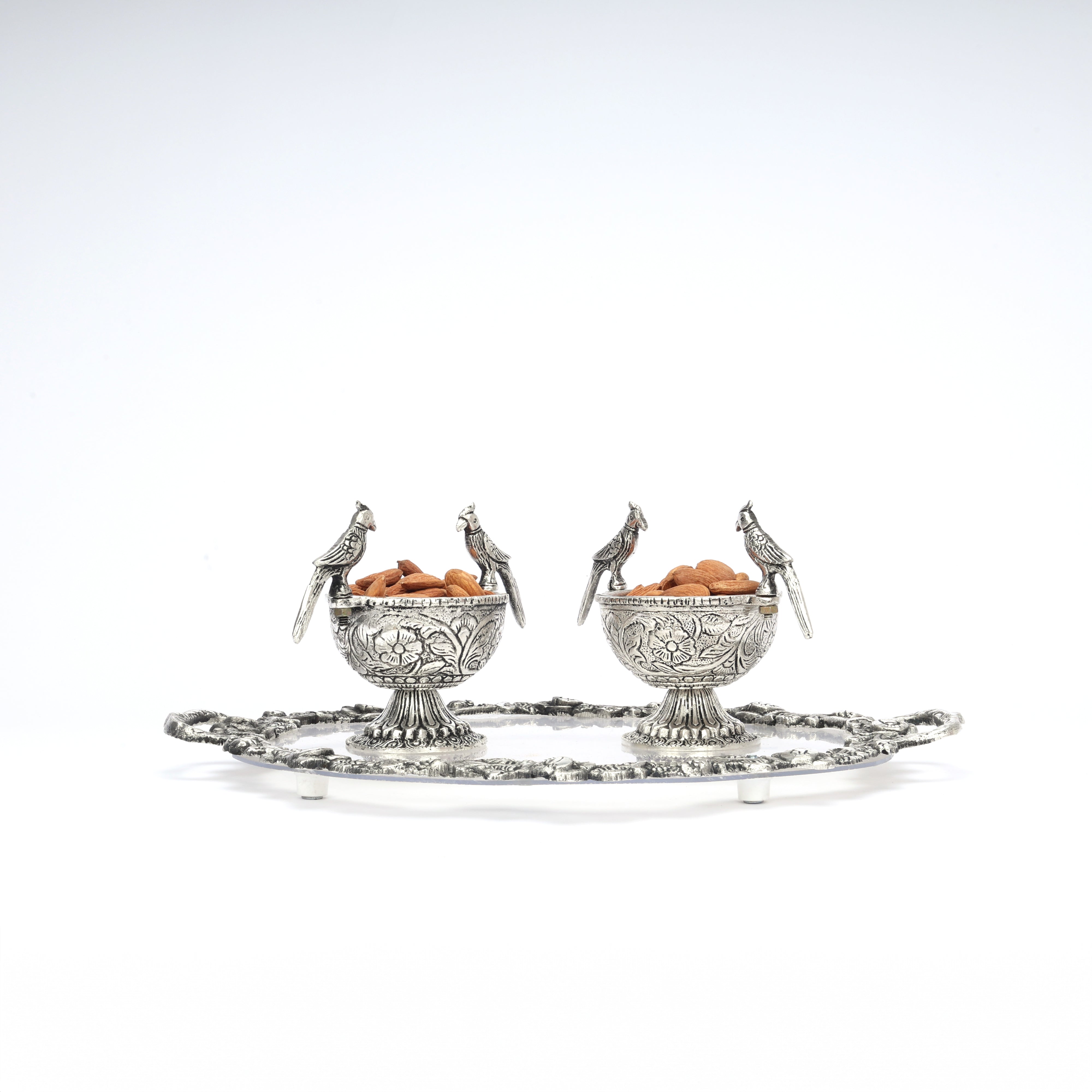 German Silver Set or 2 Parrot Bowls Set and Decorative Tray—Silver