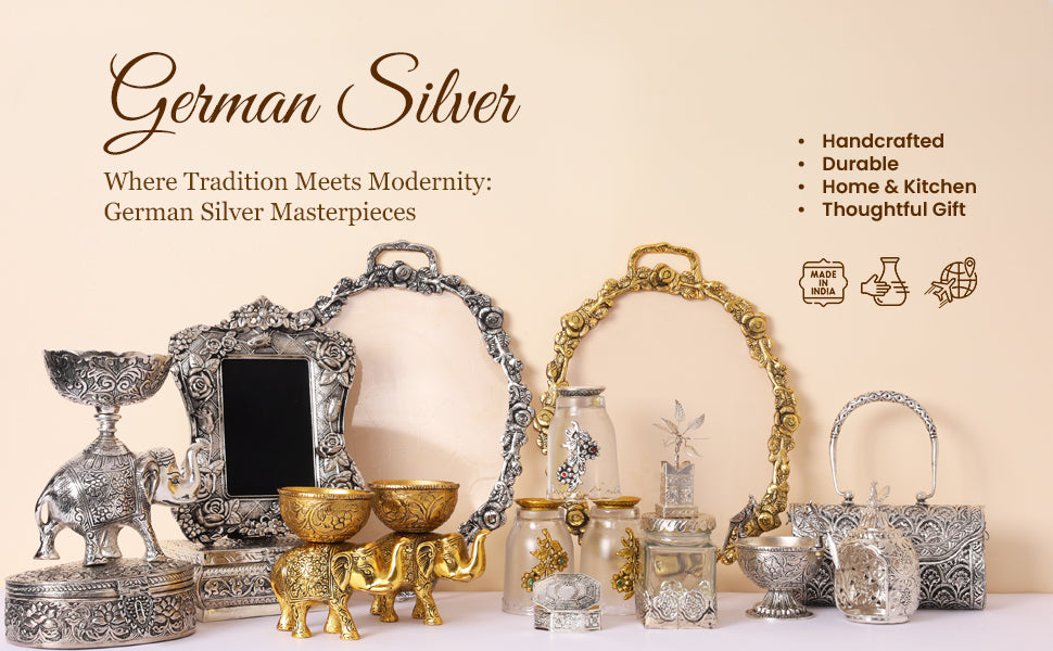 Collection of German silver masterpieces with decorative items on a beige background.