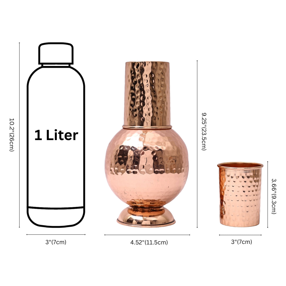 Glossy Hammered Copper Bedside bottle with Copper Glass cap (Surahi Water bottle) (1.25 litre)