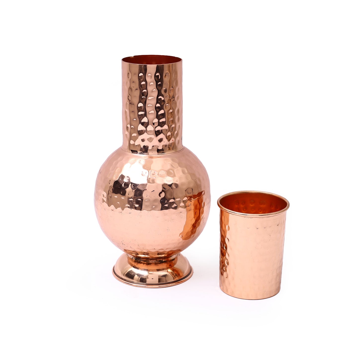 Glossy Hammered Copper Bedside bottle with Copper Glass cap (Surahi Water bottle) (1.25 litre)
