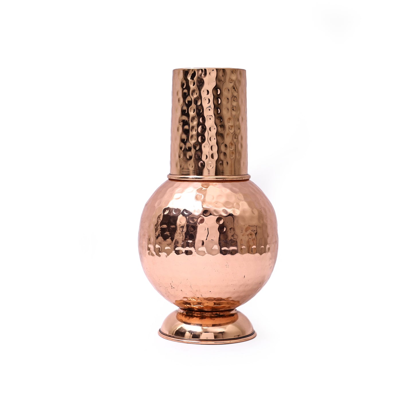 Glossy Hammered Copper Bedside bottle with Copper Glass cap (Surahi Water bottle) (1.25 litre)