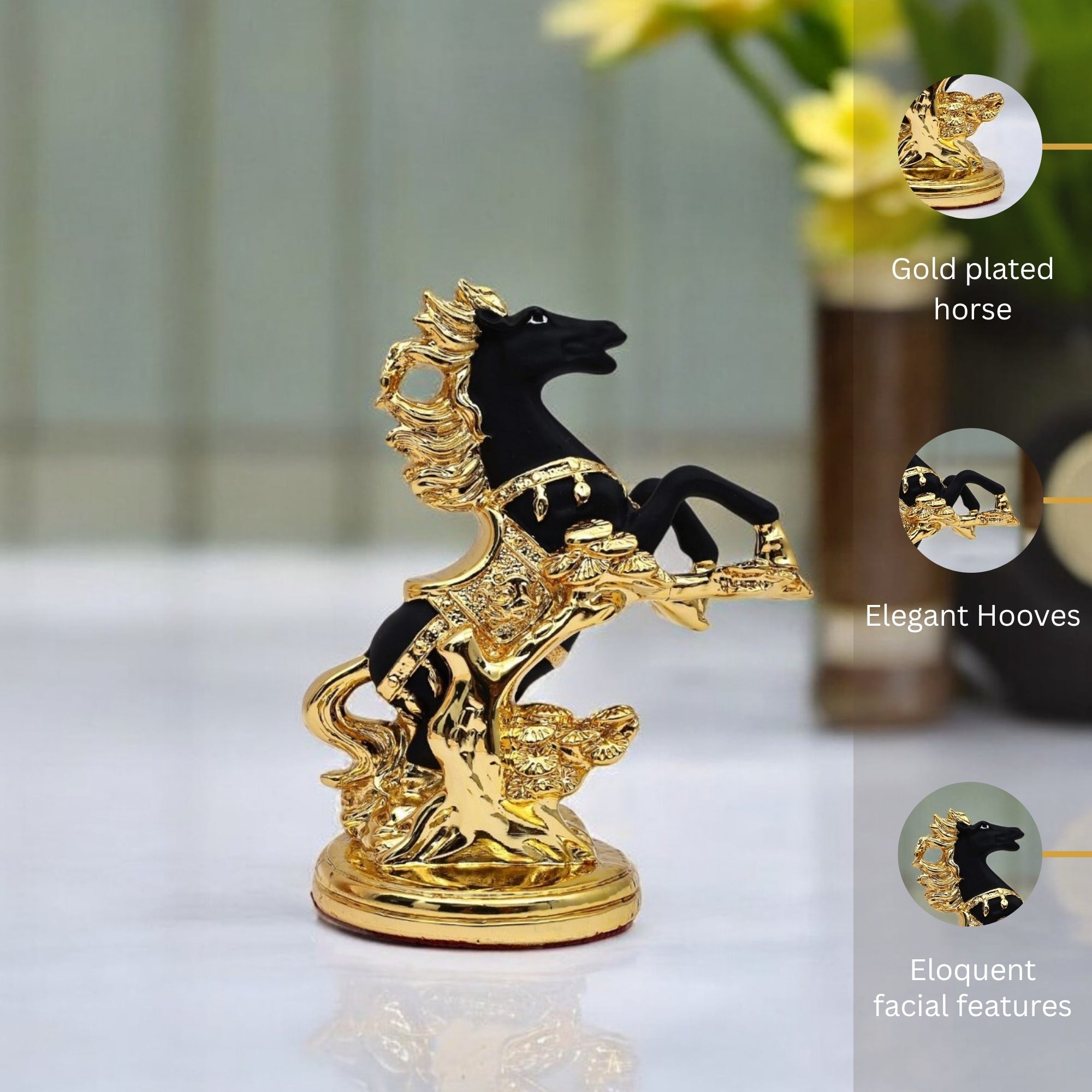 Gold-plated horse figurine with elegant hooves on a white surface.