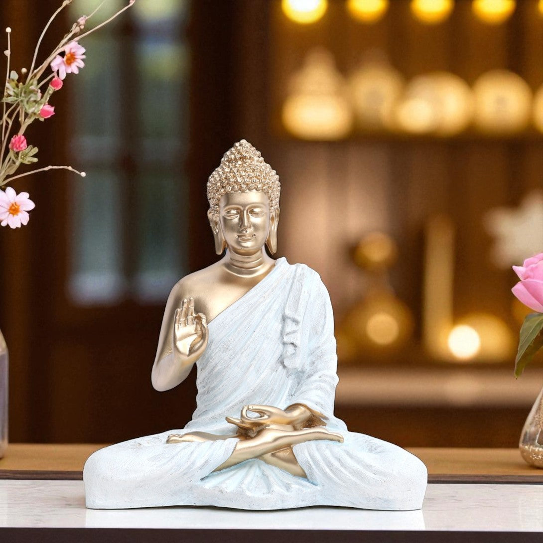 Golden Matte Finish Buddha Statue with White Robe 