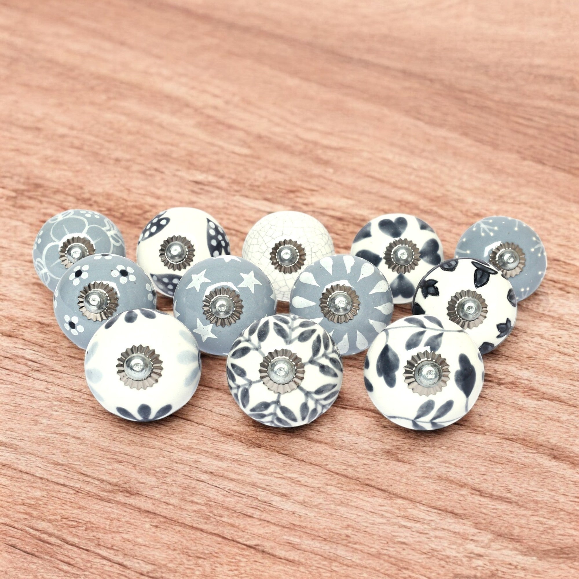 Grey and White Handcrafted and Hand painted Ceramic Knobs—Round Shaped—Set of 12—Abstract Design