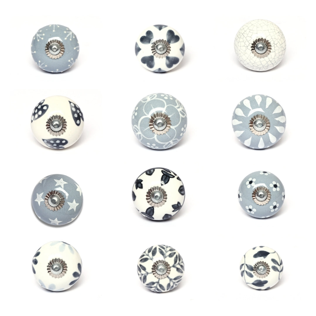Grey and White Handcrafted and Hand painted Ceramic Knobs—Round Shaped—Set of 12—Abstract Design