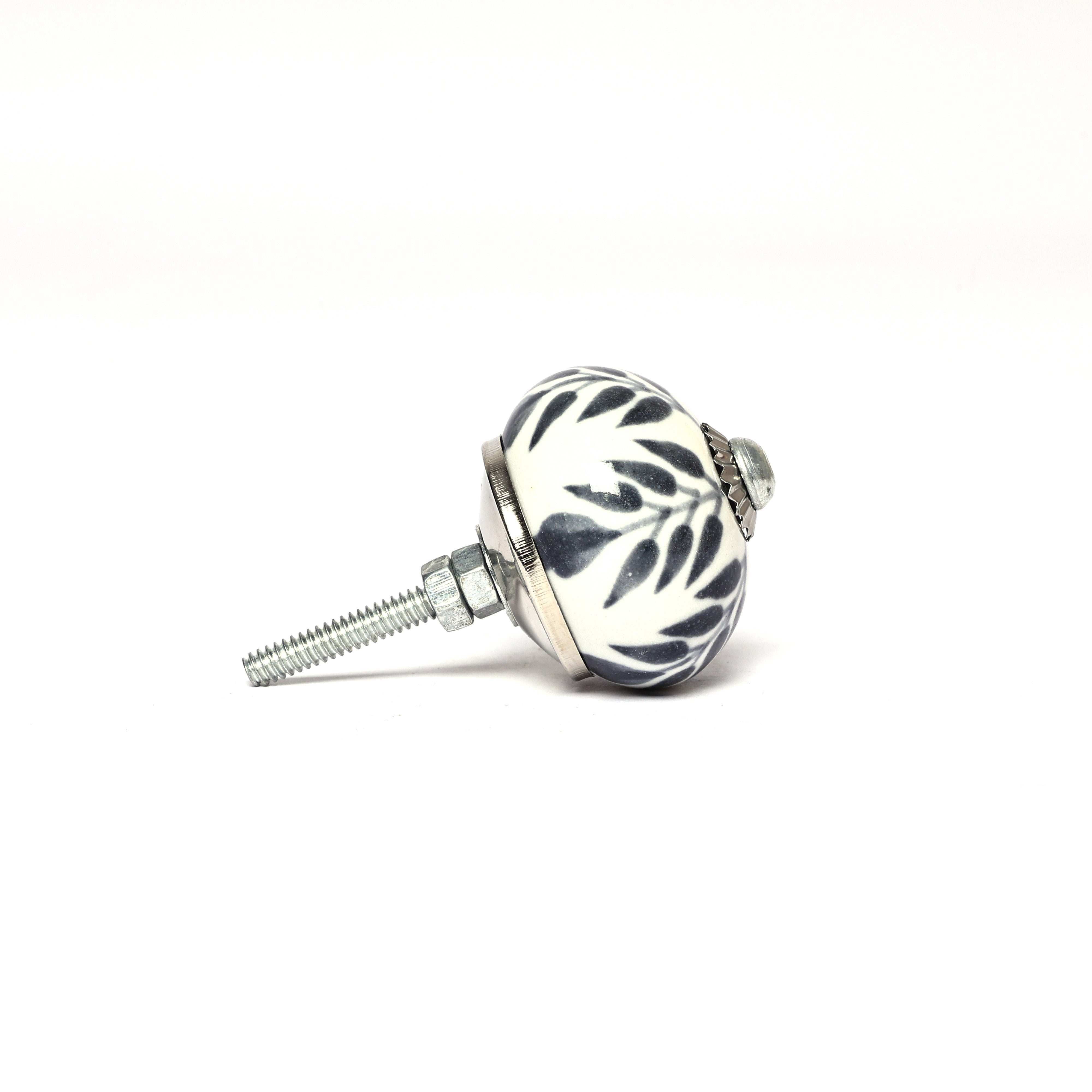 Grey and White Handcrafted and Hand painted Ceramic Knobs—Round Shaped—Set of 6—Leafy Pattern
