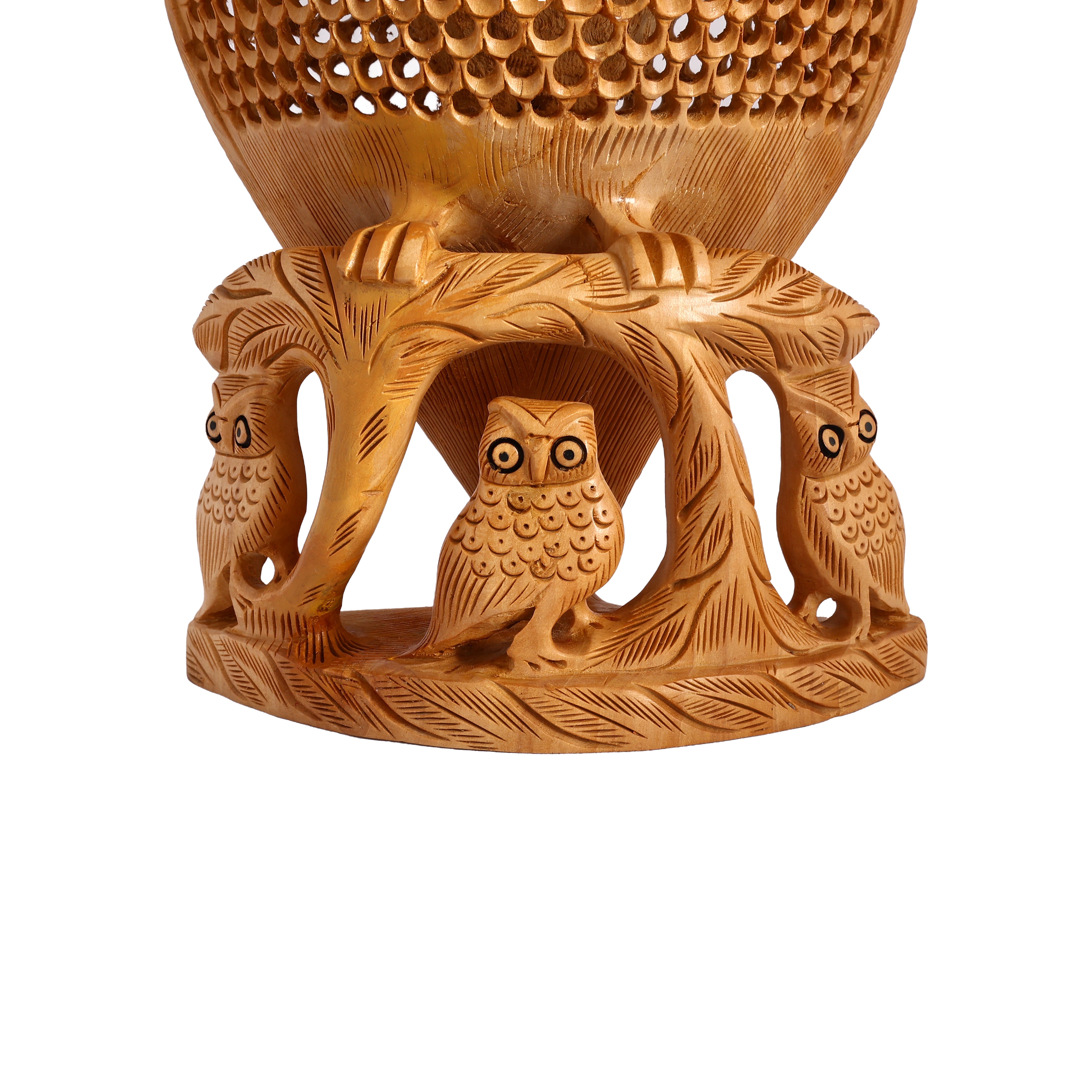 Hand-Carved Wooden Owl Figurine with Family Base