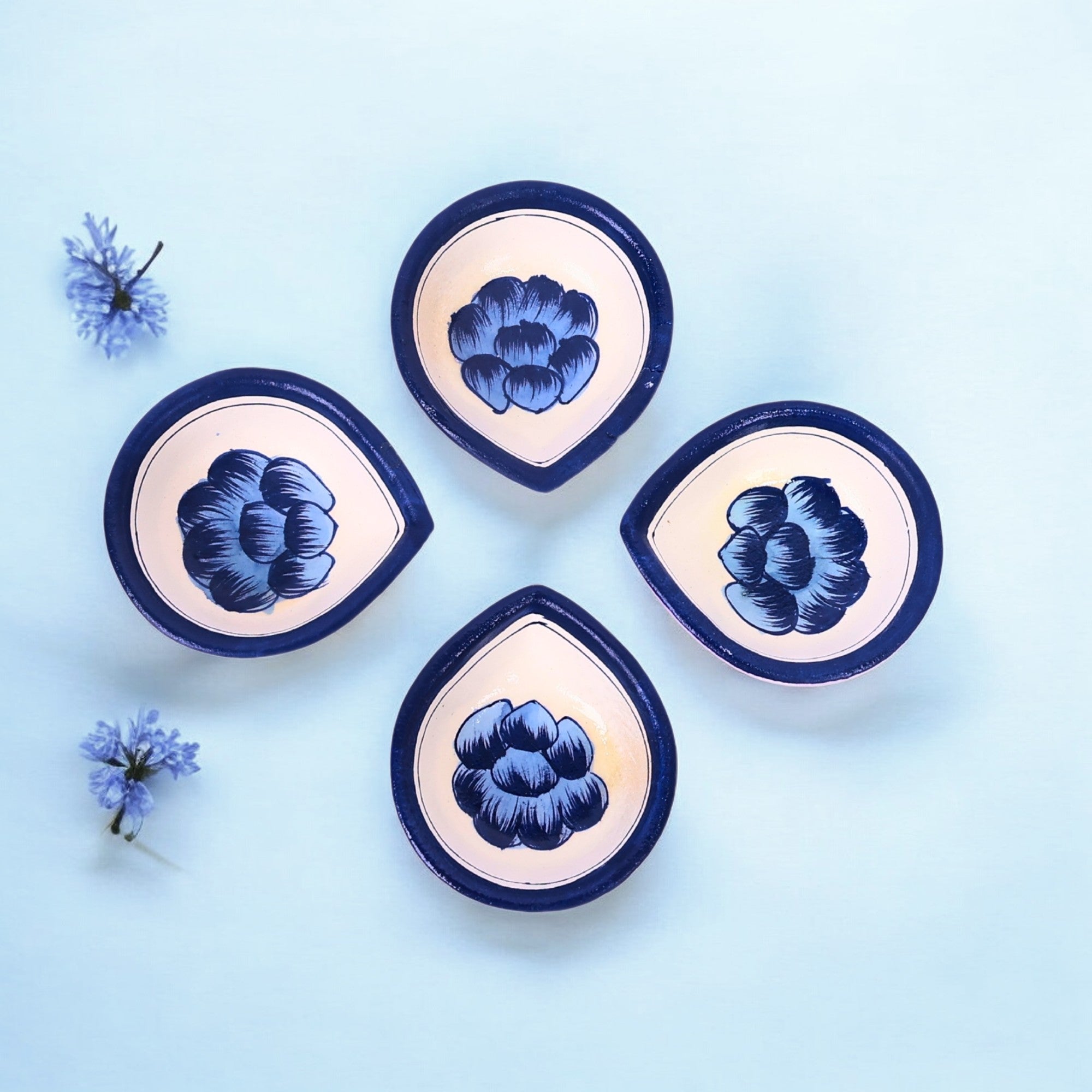 Hand-Painted Ceramic Diyas - Set of 4 – Lavender and Blue