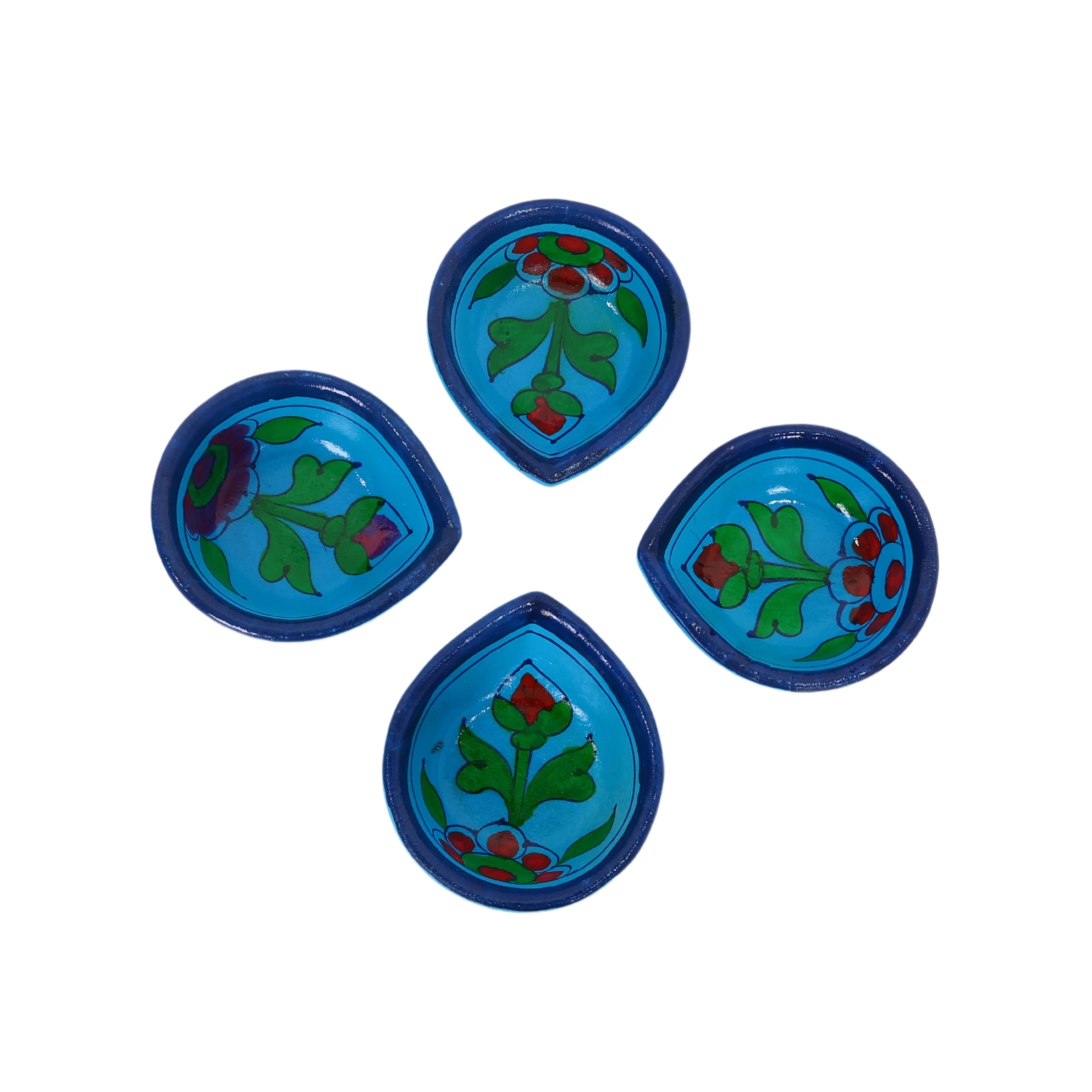Hand-Painted Ceramic Diyas - Set of 4 – Turquoise and Blue